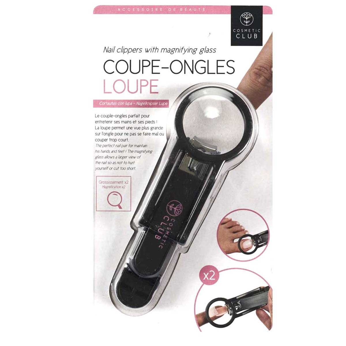 Nagelknipser mit Lupe. Text und Bilder zeigen das Produkt und seine Verwendung für Hände und Füße.