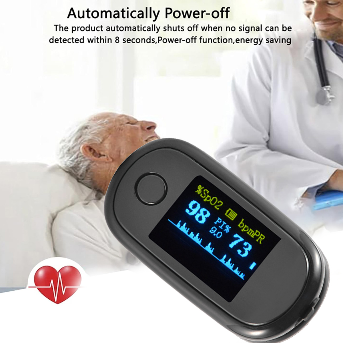 Ein Pulsoximeter am Finger zeigt SpO2 98%, bpmPR 73. Ein älterer Mensch liegt im Bett, ein Arzt steht im Hintergrund.
