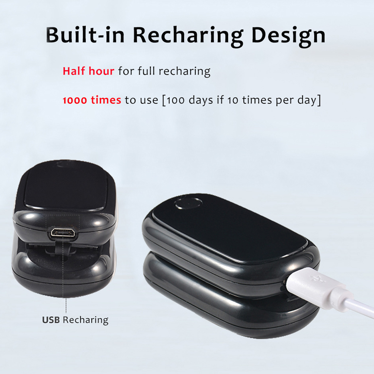 Zwei schwarze Geräte, eines mit USB-Anschluss, ein anderes mit weißem Kabel verbunden. Text: integriertes Aufladedesign, USB-Aufladung.