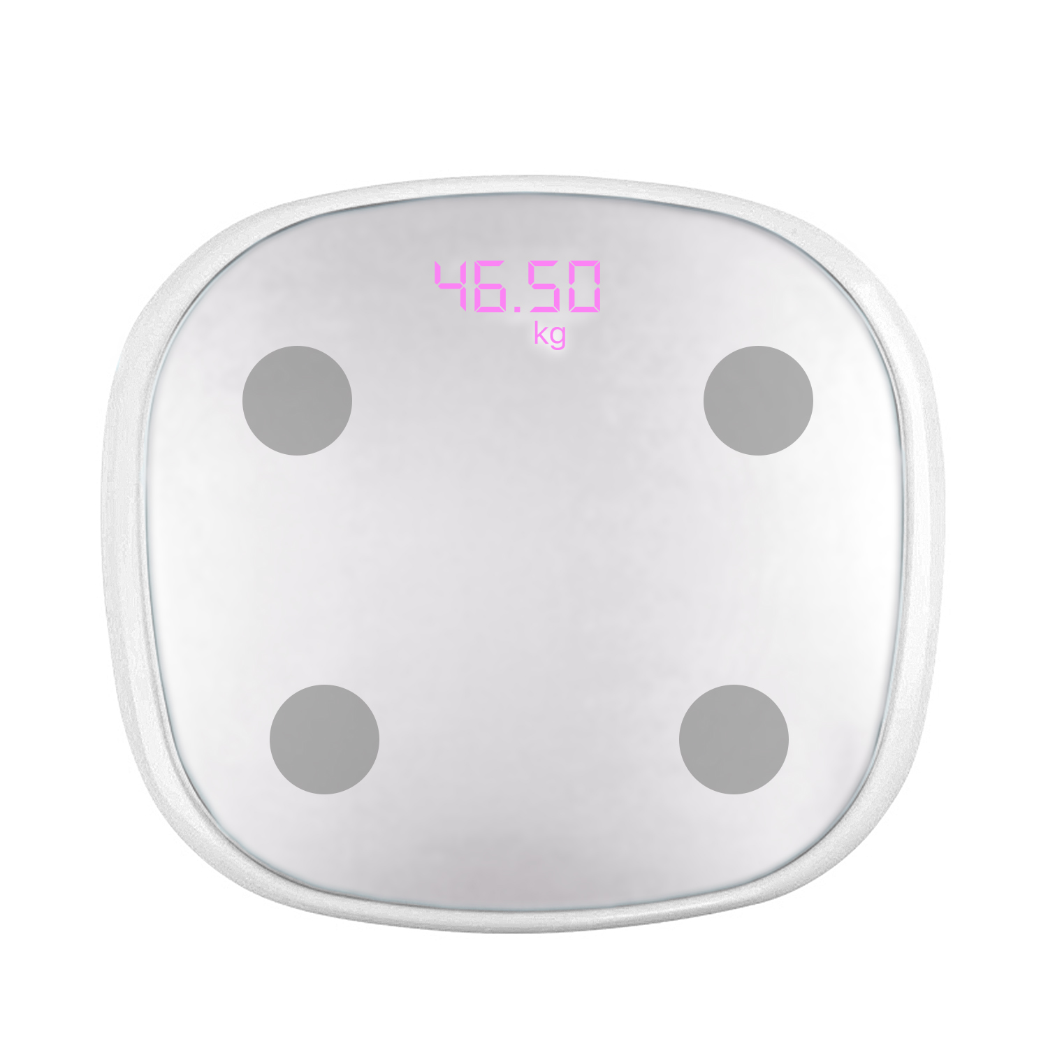 Una báscula digital blanca muestra 46,50 kg. Tiene forma redondeada, cuatro círculos grises y un borde blanco.