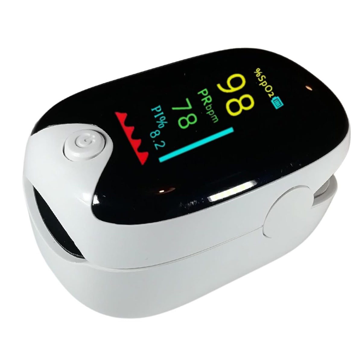 Ein weißes und schwarzes Oximeter zeigt Messwerte an: 98, 78 und 8,2. Es hat eine Taste und ein digitales Display.