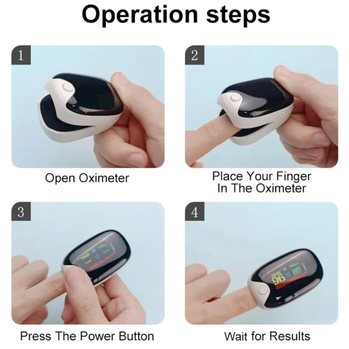 Das Bild zeigt die Schritte zur Bedienung des Oximeters: Gerät öffnen, Finger platzieren, Knopf drücken und auf Ergebnisse warten. Zahlen und Messwerte werden angezeigt.