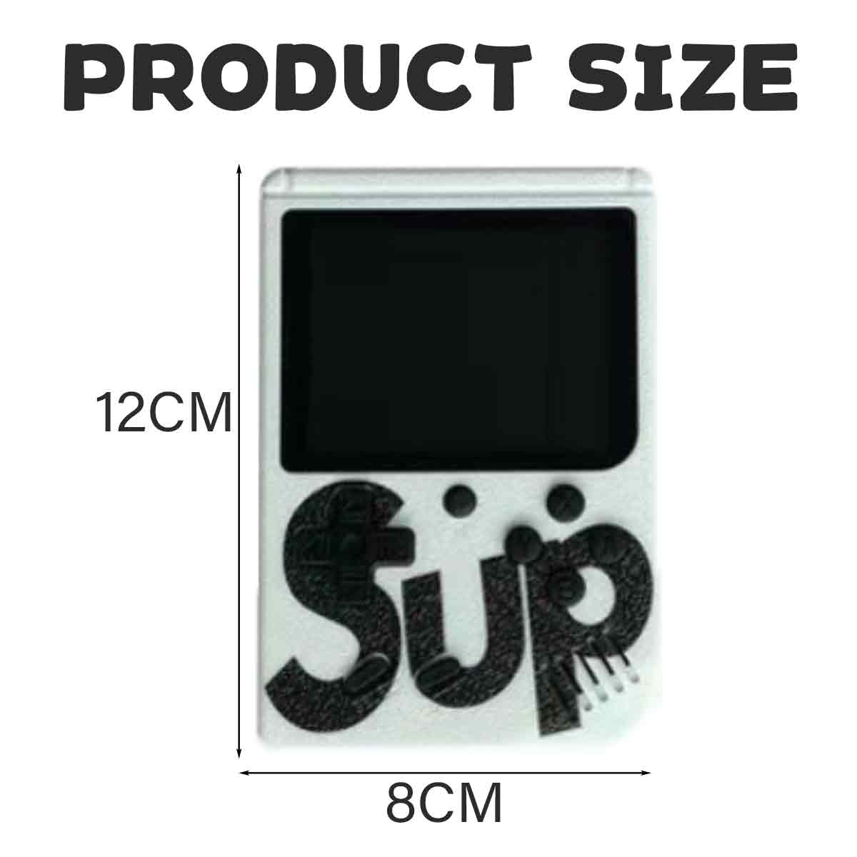 Eine weiße Handheld-Spielkonsole mit schwarzem Bildschirm und dem Wort 'Sup'. Abmessungen: 12 cm x 8 cm. Text 'PRODUCT SIZE' oben.
