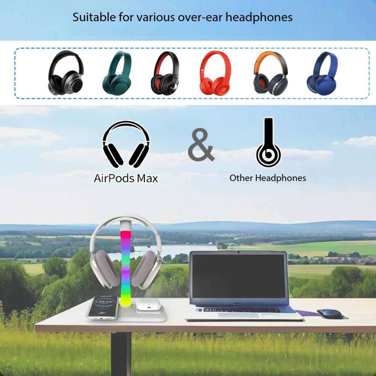 Das Bild zeigt verschiedene Kopfhörer, AirPods Max und andere Kopfhörer. Eine Ladestation mit Laptop und Telefon befindet sich vor einer Landschaft.