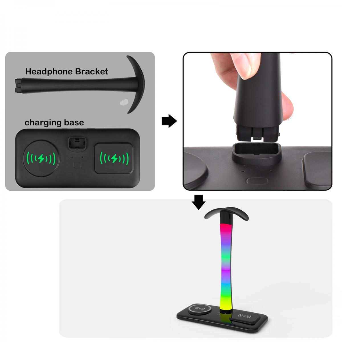 Diagramm, das die Montage einer Ladestation und einer Kopfhörerhalterung zeigt. Eine Hand setzt die Halterung ein. Das montierte Produkt wird gezeigt.