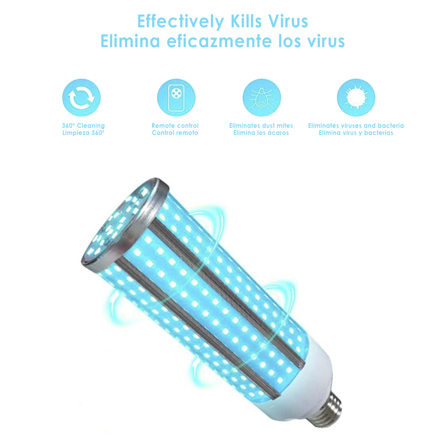 Nella immagine c'è una lampadina blu con testo sull'uccisione dei virus. Ci sono icone sulla pulizia, il telecomando e l'eliminazione degli acari.