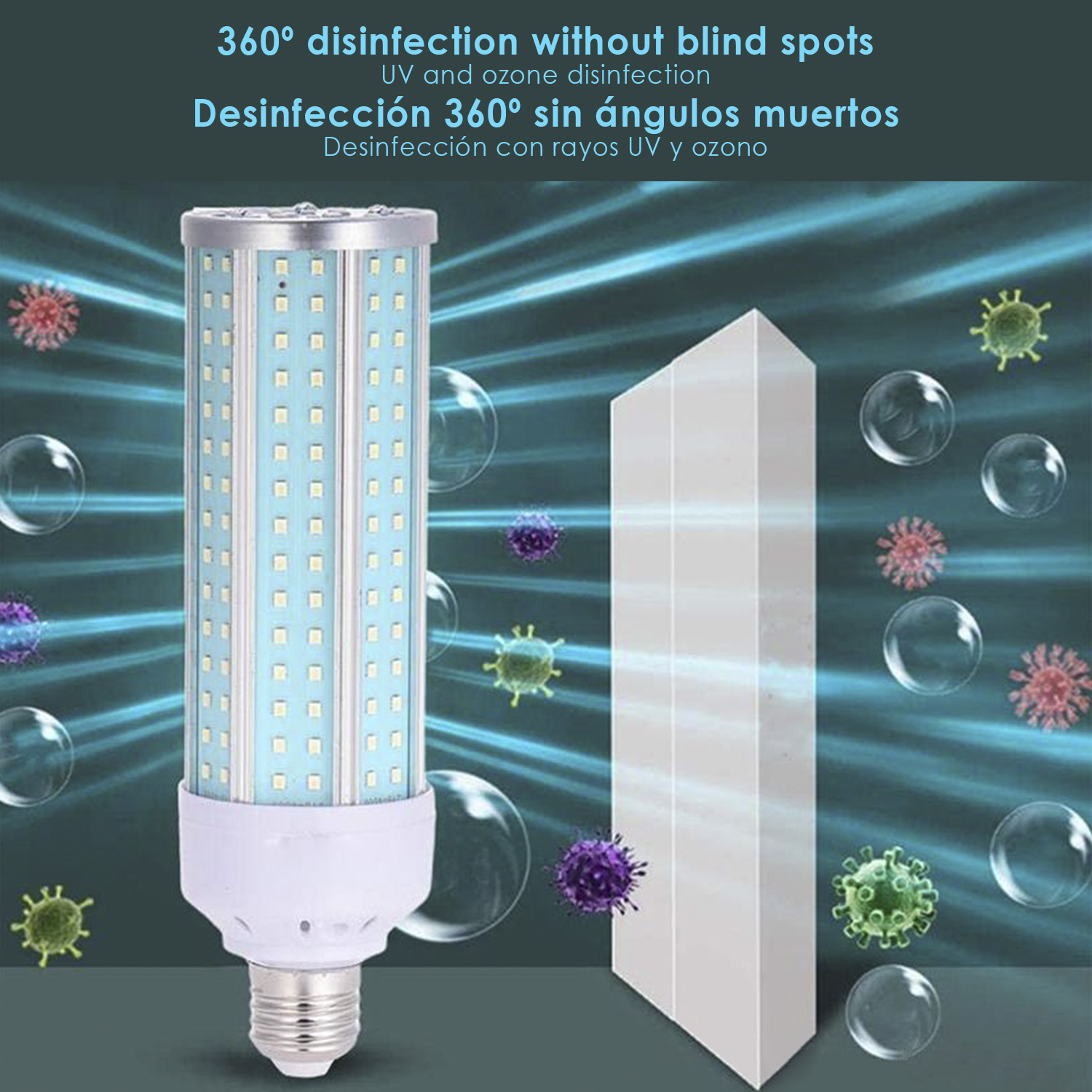 Una lampadina a LED con luce blu, una struttura bianca e bolle. Testo in più lingue che promuove la disinfezione a 360°.