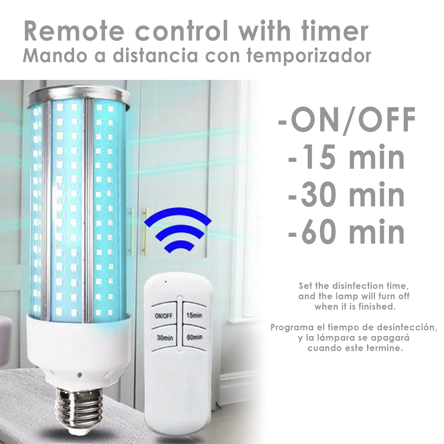 Una lampadina con luci blu e un telecomando. Il telecomando ha opzioni on/off e timer per 15, 30 e 60 minuti.