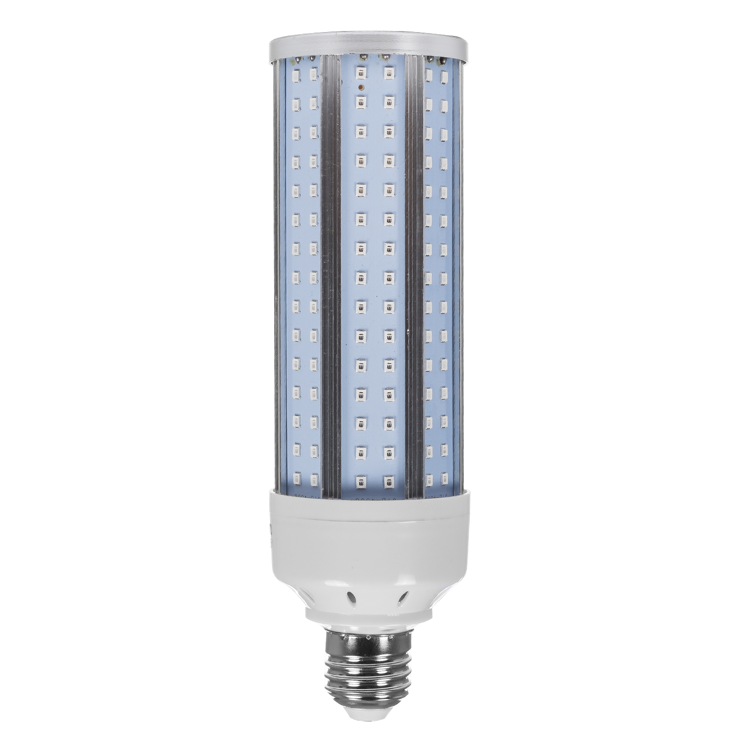 Una lampadina a LED cilindrica. Ha una parte superiore argentata, un centro illuminato di blu pieno di LED, una base bianca e una base argentata avvitabile.