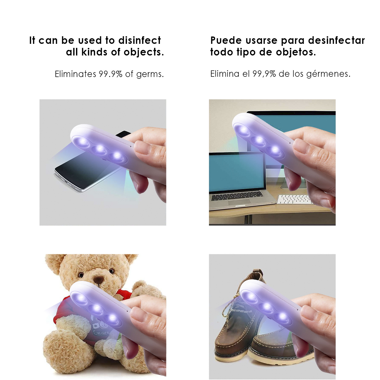Una mano tiene un disinfettante UV, disinfettando un telefono, un laptop, un orsacchiotto e scarpe. Il disinfettante emette luce viola.