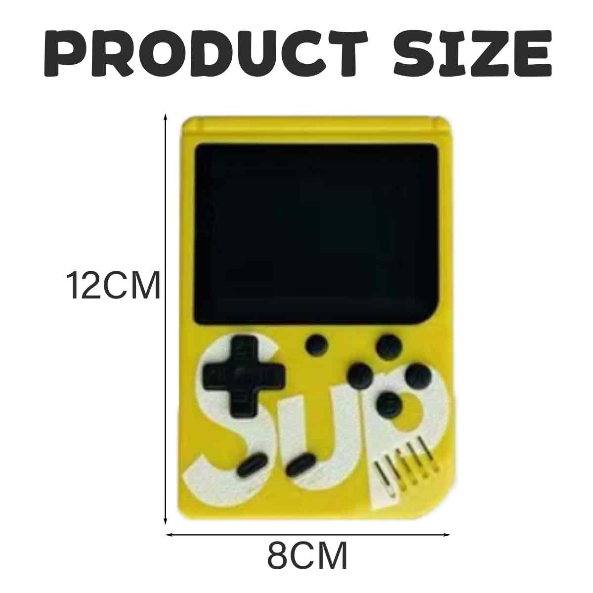 Gelbe Handheld-Spielkonsole mit 'SUP'-Logo. Text oben: 'Produktgröße', Maße 12cm x 8cm.