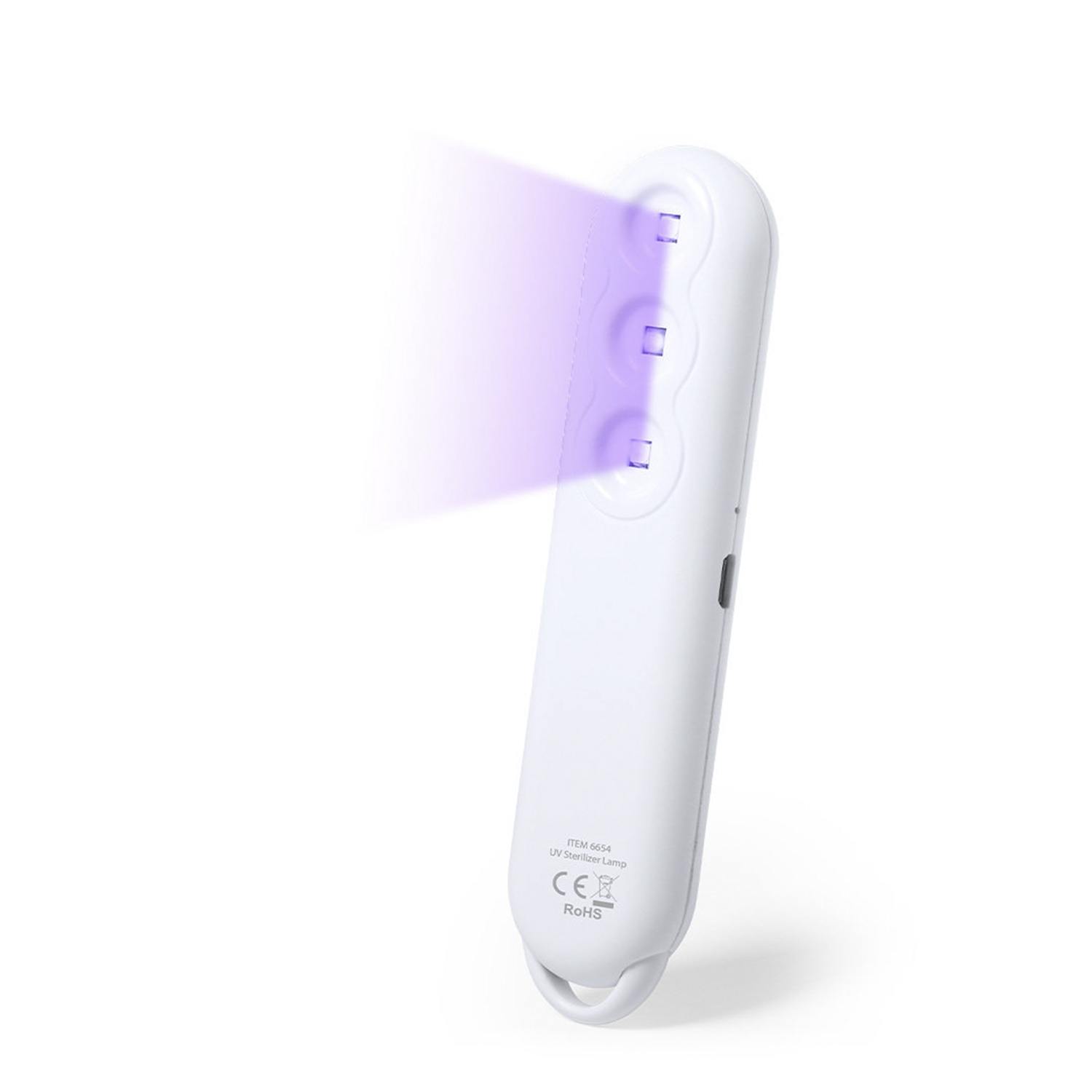 Una lampada sterilizzatrice UV bianca con tre luci e un fascio viola. Include un anello per appendere e un marchio CE.