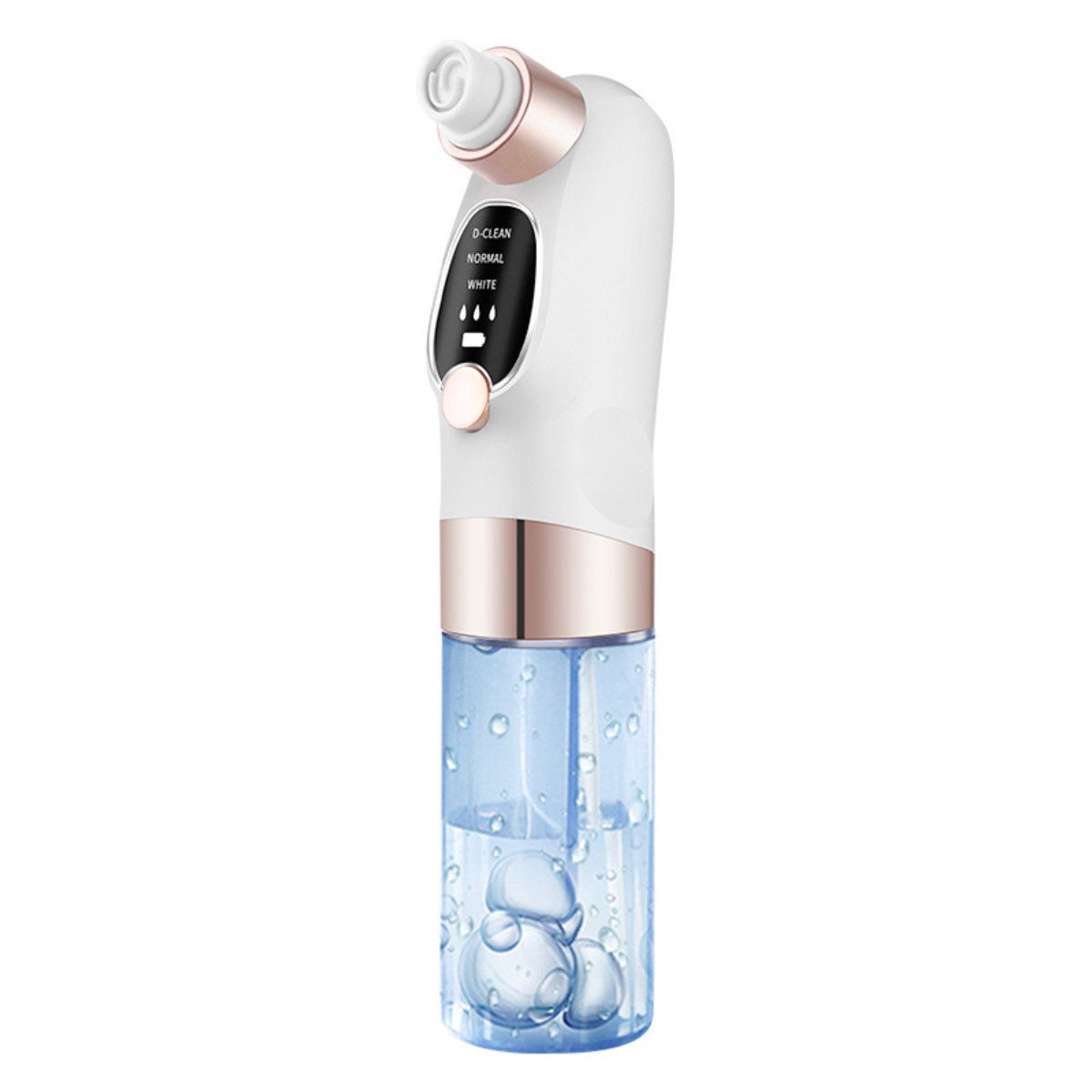 Ein weißer und roségoldener Gesichtsreiniger. Er hat einen Wasserbehälter mit blauer Flüssigkeit. Er hat D-Clean-, Normal- und Weiß-Einstellungen.