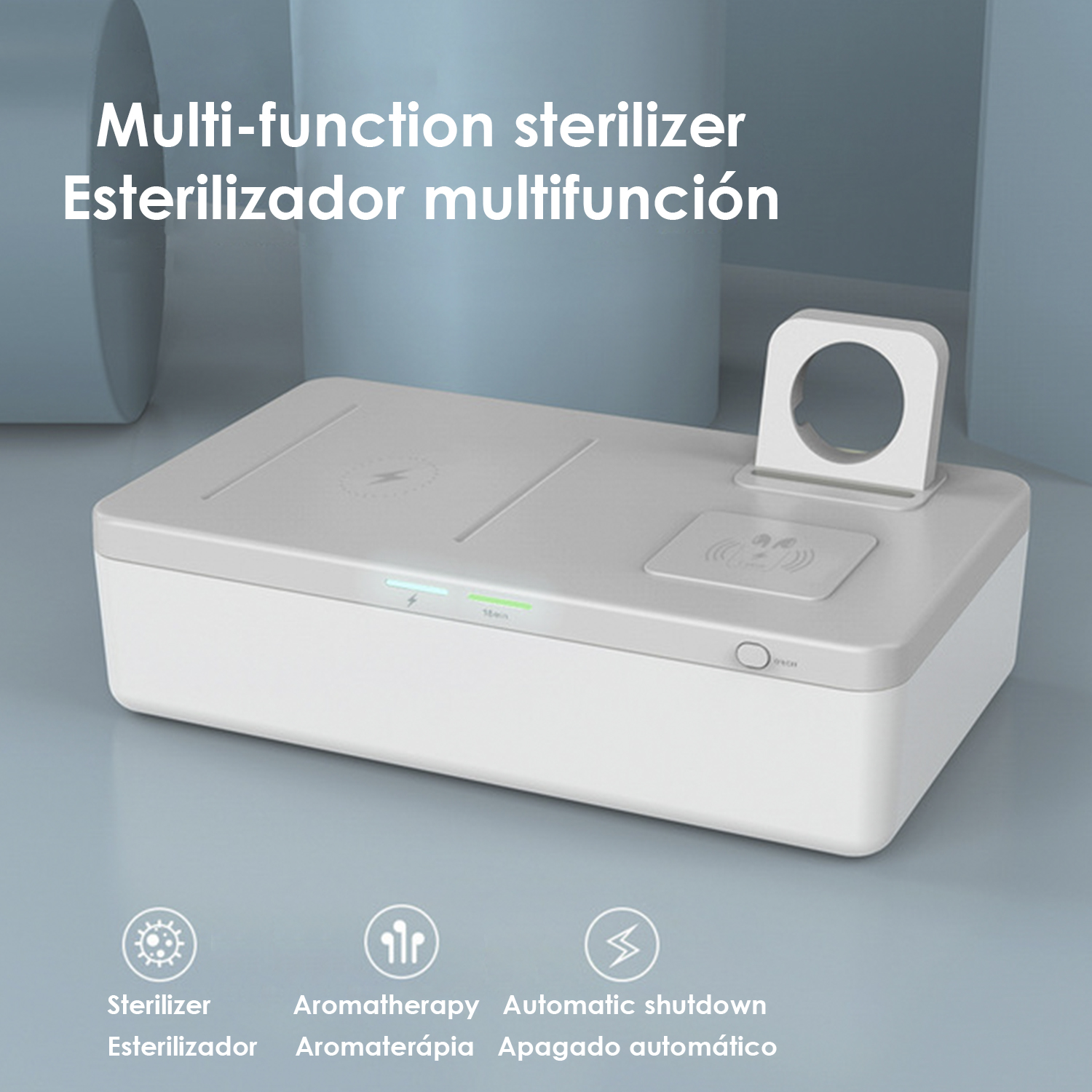 Uno sterilizzatore multifunzione bianco con supporto per orologio, icone per sterilizzazione, aromaterapia e spegnimento automatico, su superficie azzurra.