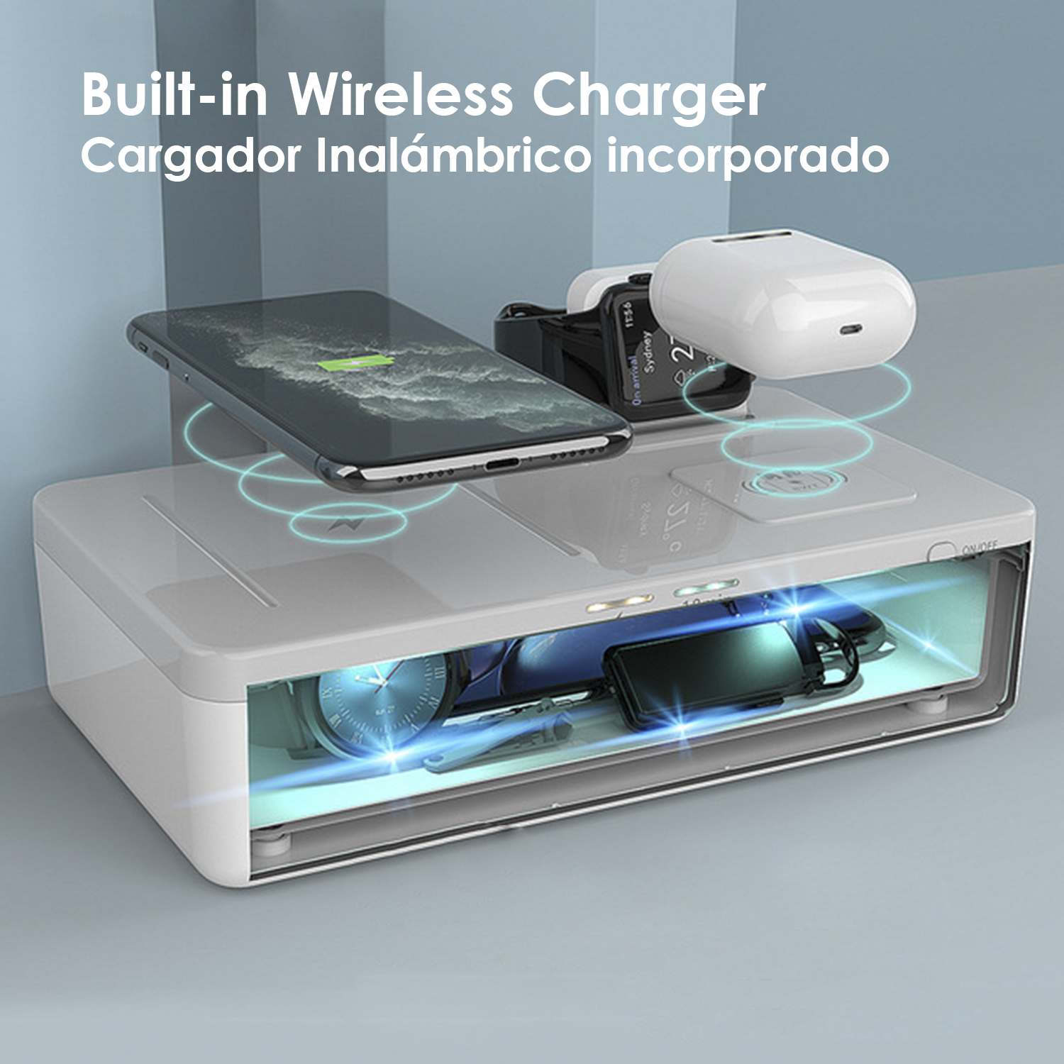 Un caricatore wireless bianco con telefono, orologio e auricolari sopra. All'interno, sono visibili un altro orologio e telefono.