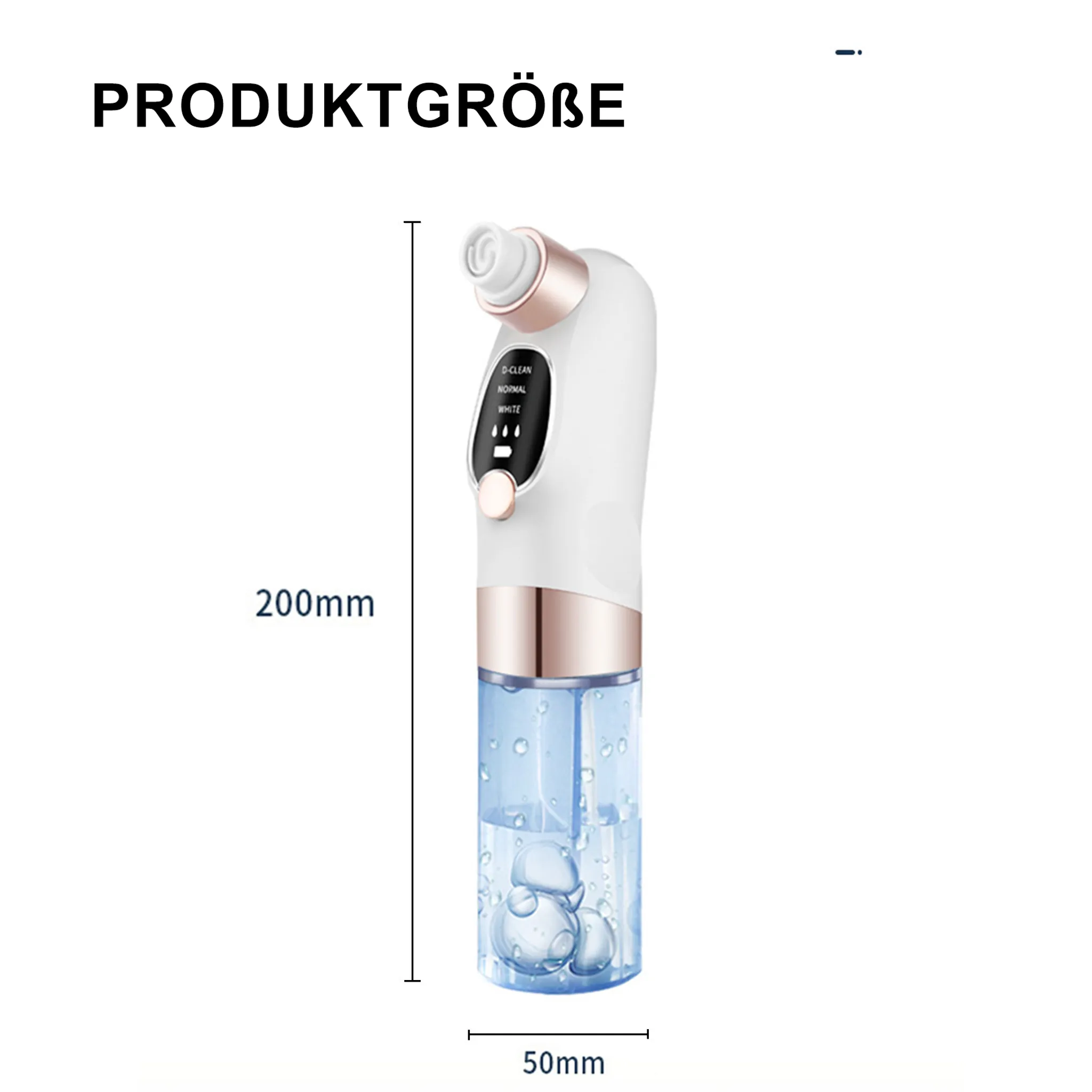 Gezeigt wird ein weißer Gesichtsreiniger, mit einem transparenten Wasserbehälter und Größenangaben. Es hat ein Display und goldene Akzente.