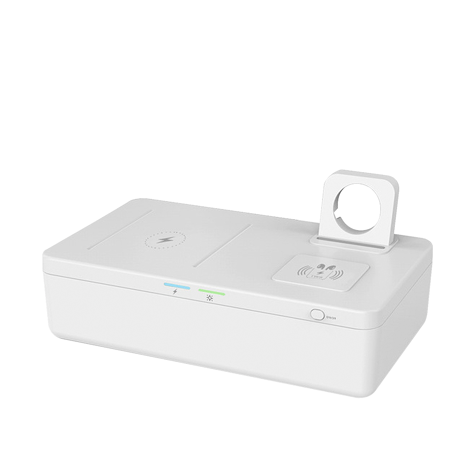 Stazione di ricarica wireless bianca. Caratteristiche: caricabatterie per telefono e orologio, sterilizzatore UV, indicatori di alimentazione e ricarica.