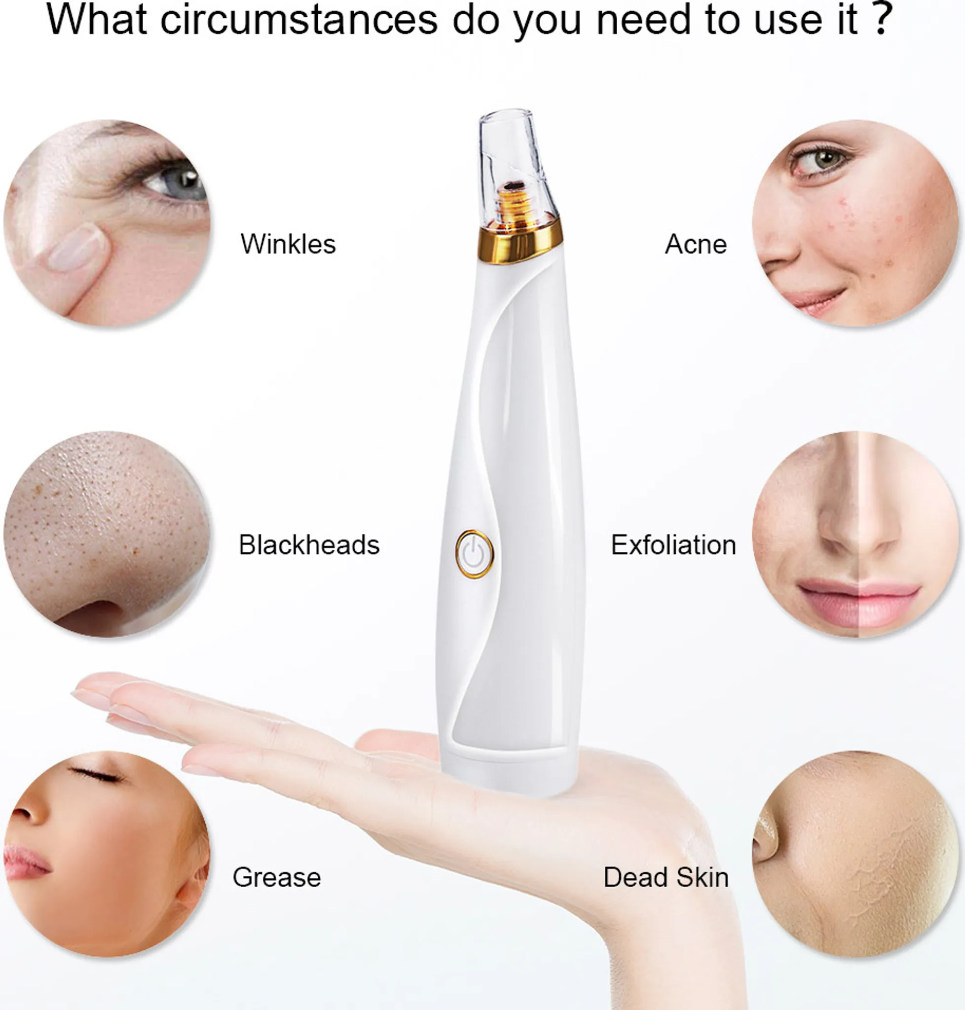 Das Bild zeigt ein Hautpflege-Tool mit Kreisen, die Anwendungen veranschaulichen: Falten, Akne, Mitesser, Peeling, Fett und abgestorbene Haut.
