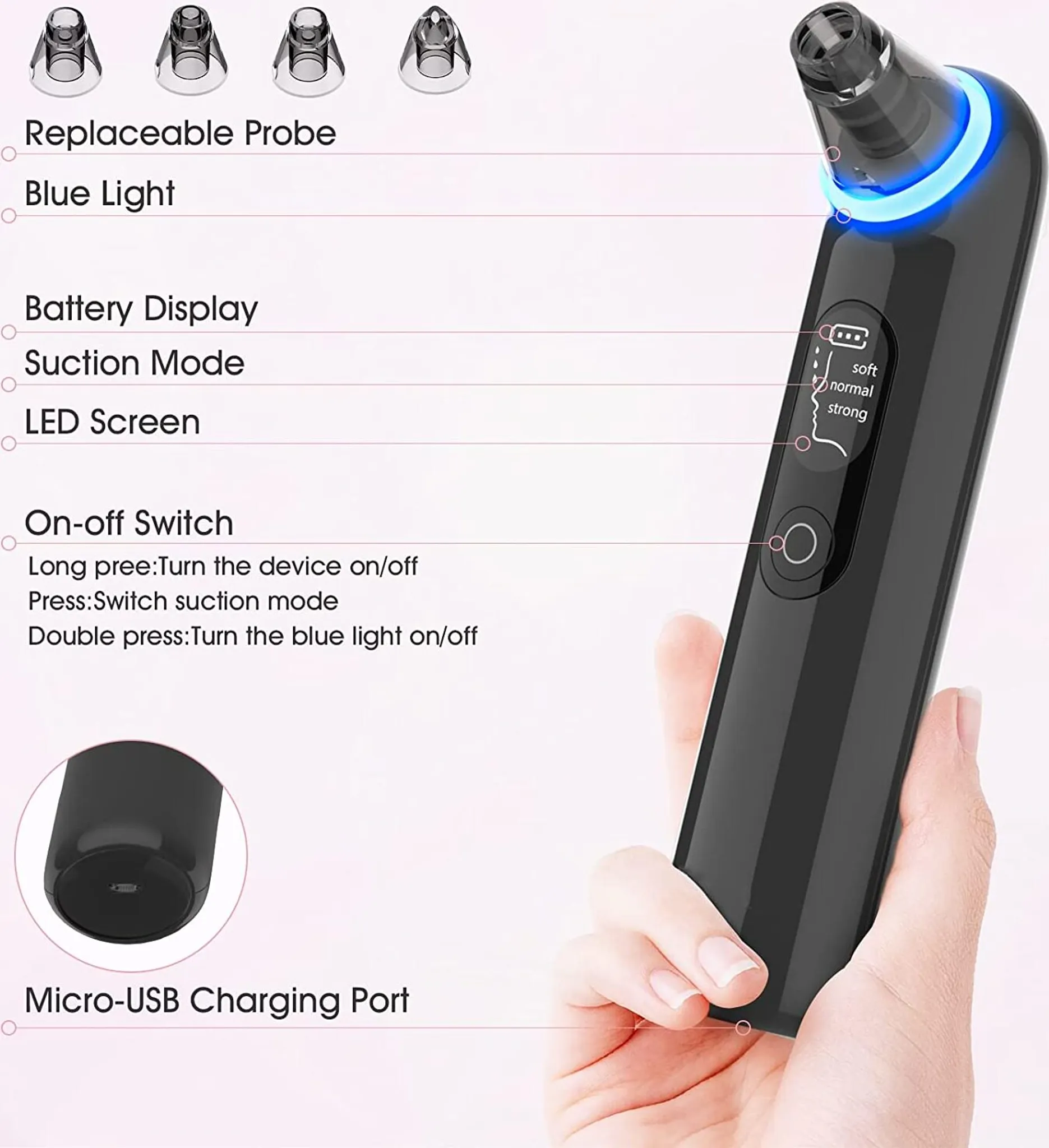 Schwarzer Porenreiniger mit blauem Licht, austauschbaren Sonden und LED-Bildschirm. Wird von einer Hand gehalten, mit Micro-USB-Anschluss.