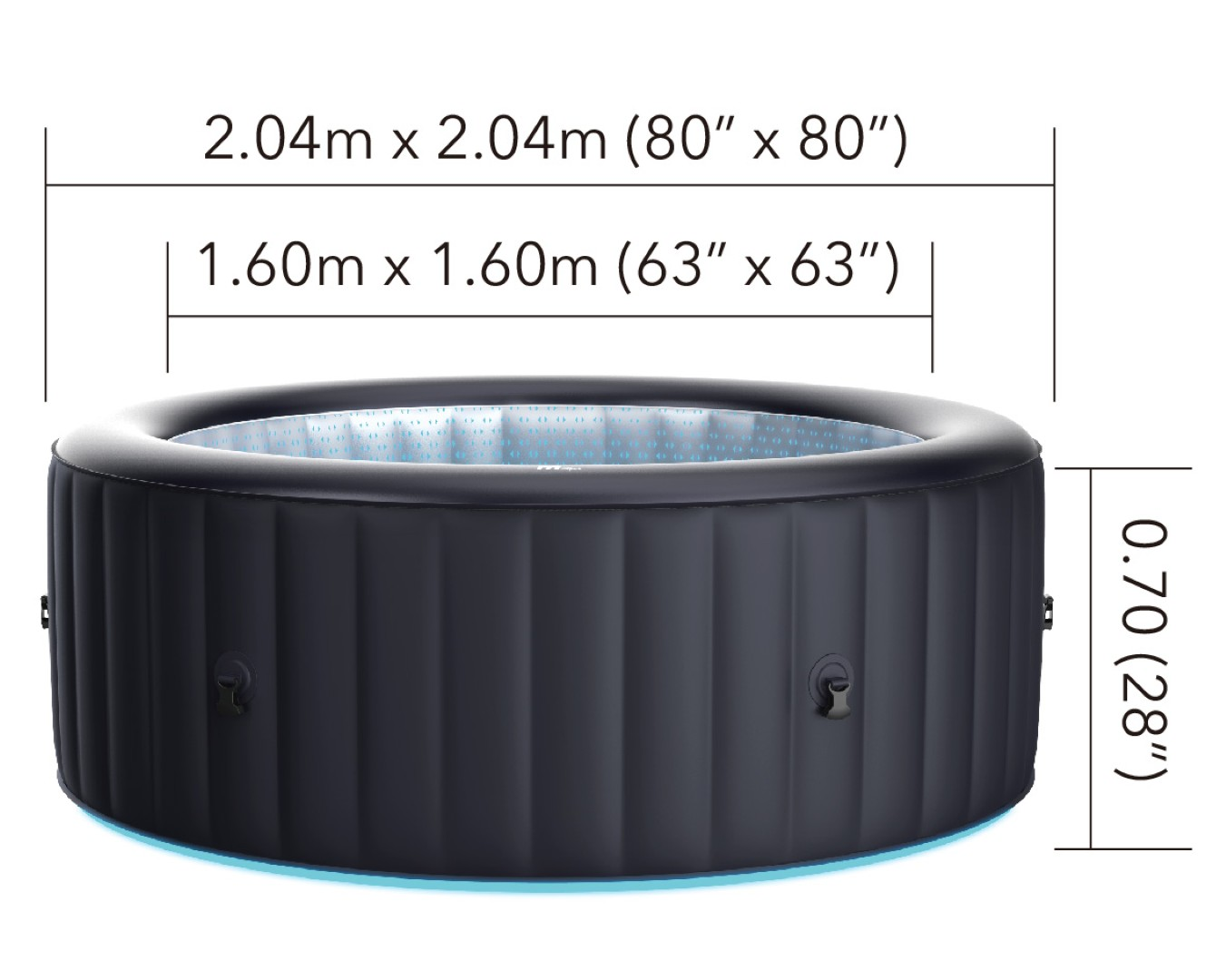 Ein schwarzer aufblasbarer Whirlpool mit Maßangaben. Oben: 2,04 m x 2,04 m. Innen: 1,60 m x 1,60 m. Höhe: 0,70 m.