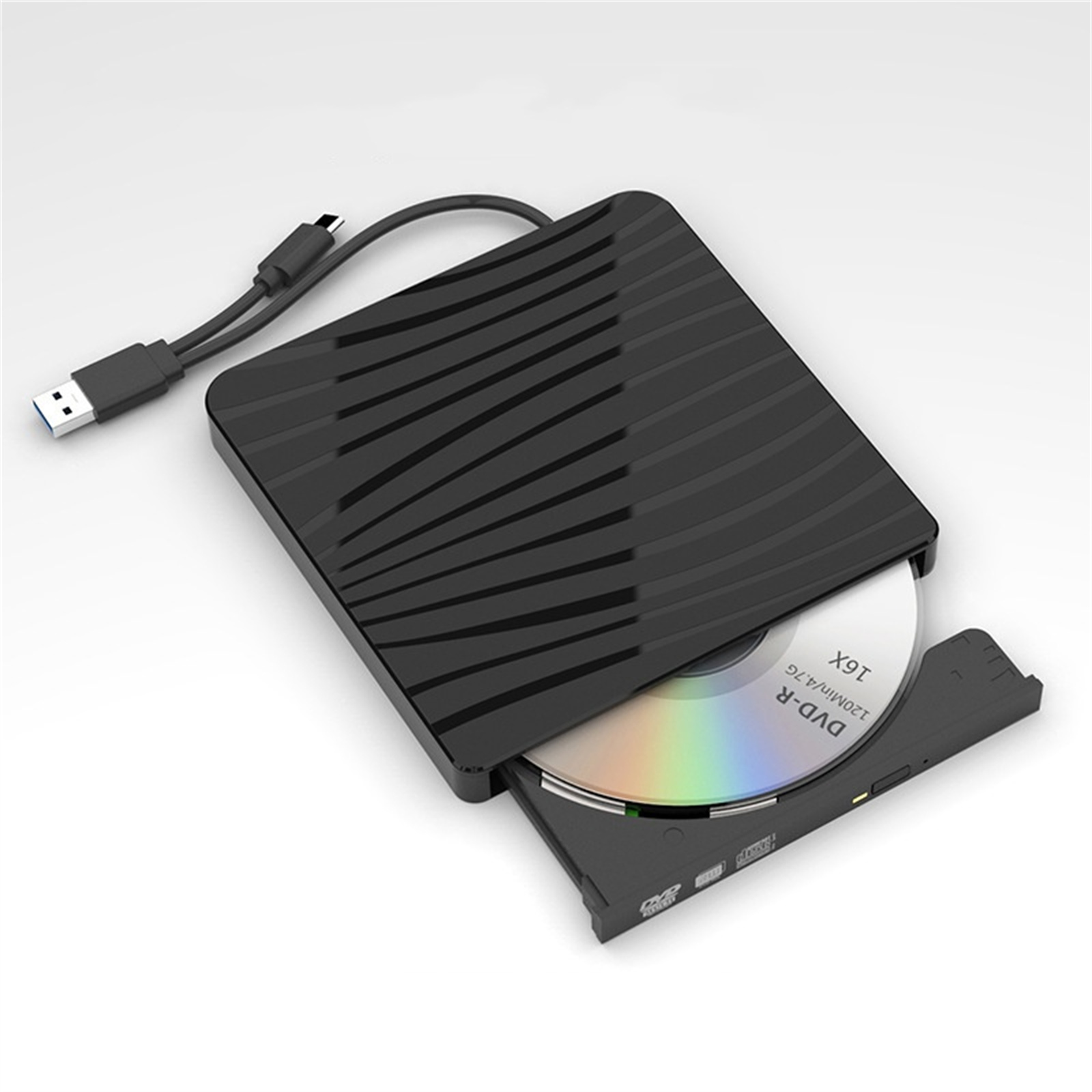 Ein schwarzes externes DVD-Laufwerk mit teilweise eingelegter Disc. Ein USB-Kabel ist mit dem Laufwerk verbunden.