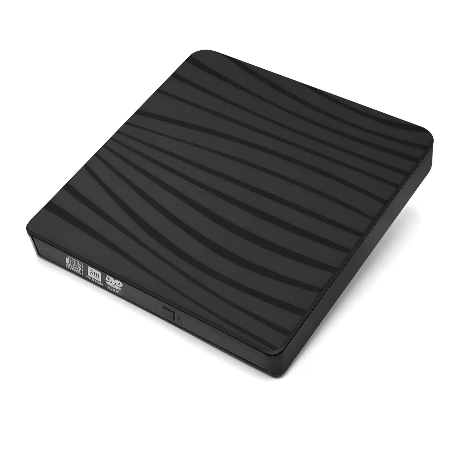 Ein schwarzes externes DVD-Laufwerk. Es hat eine gemusterte Oberseite und die Disc- und DVD-Logos.