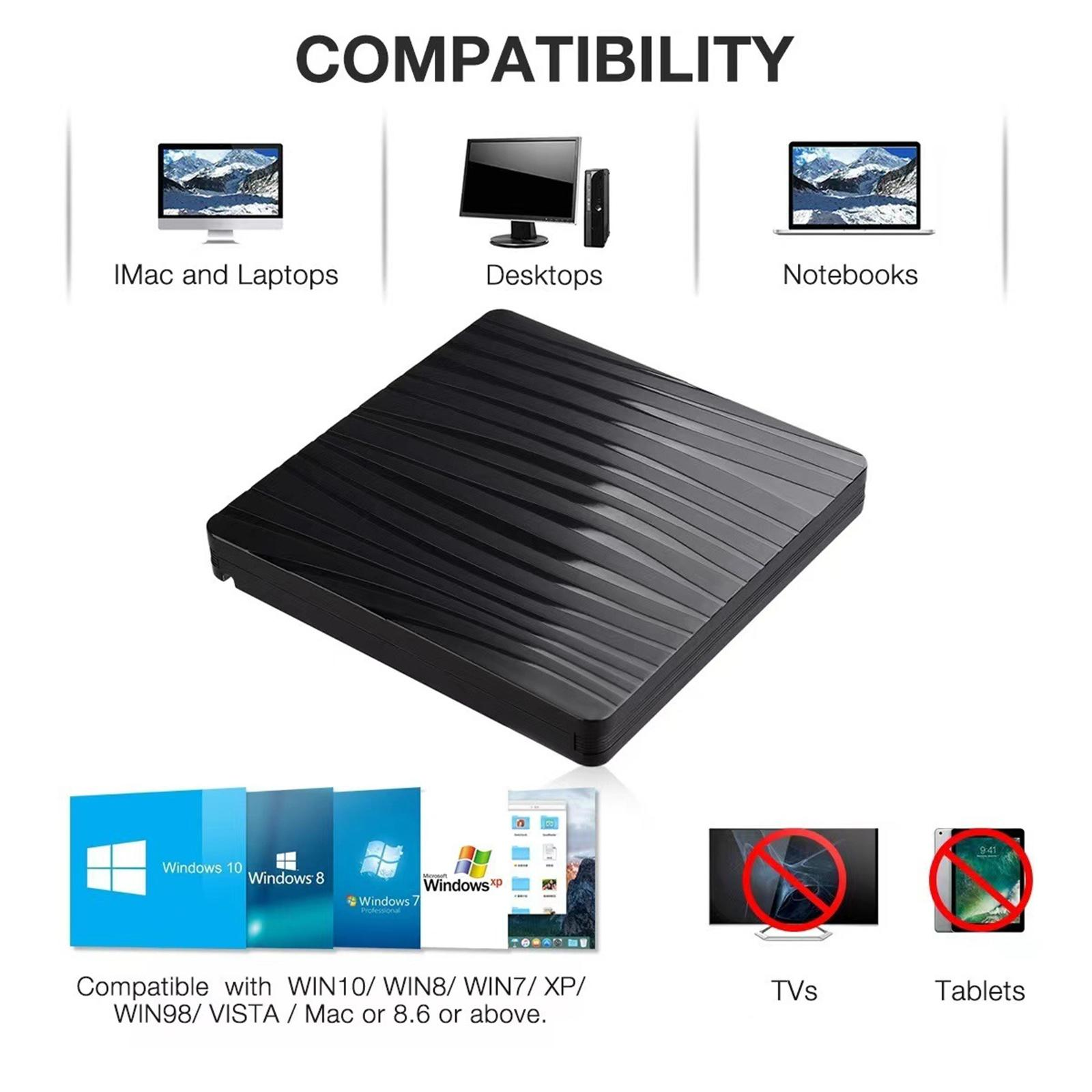 Schwarzes Gerät mit gewellter Oberfläche, kompatibel mit Computern. Zeigt Computertypen und Windows-Logos. Text: KOMPATIBILITÄT.