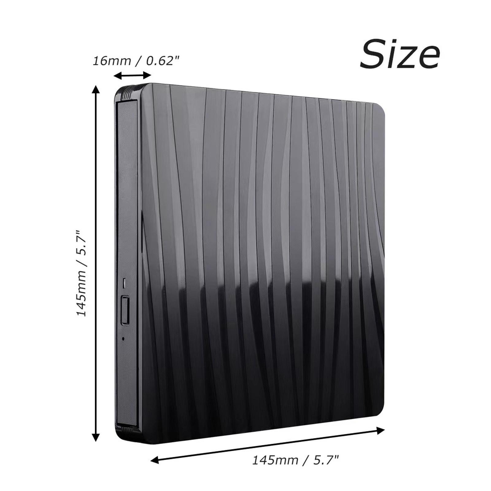 Ein schwarzes, rechteckiges externes DVD-Laufwerk. Die Abmessungen sind mit 145 mm x 145 mm x 16 mm angegeben. Das Wort 'Size' wird angezeigt.