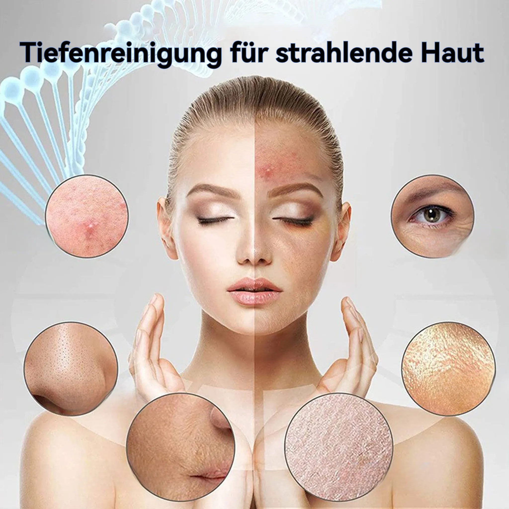 Das Bild zeigt ein geteiltes Gesicht einer Frau. Eine Seite ist gesund, die andere zeigt Hautprobleme.