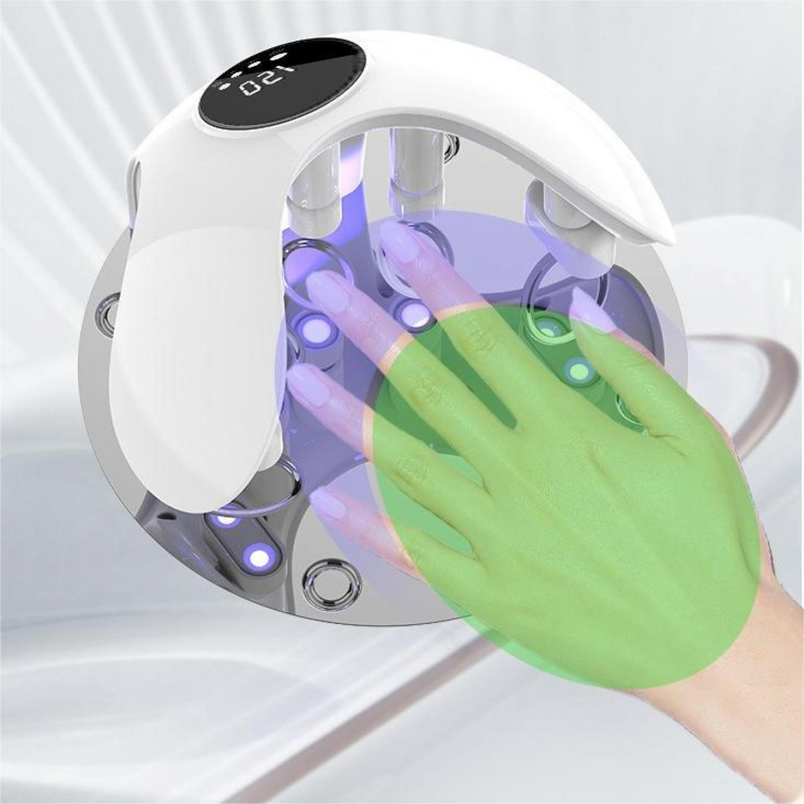 Eine Hand in einer weißen Nagellampe. Die Lampe hat eine Digitalanzeige und violette Lichter. Die Hand ist grün hervorgehoben.
