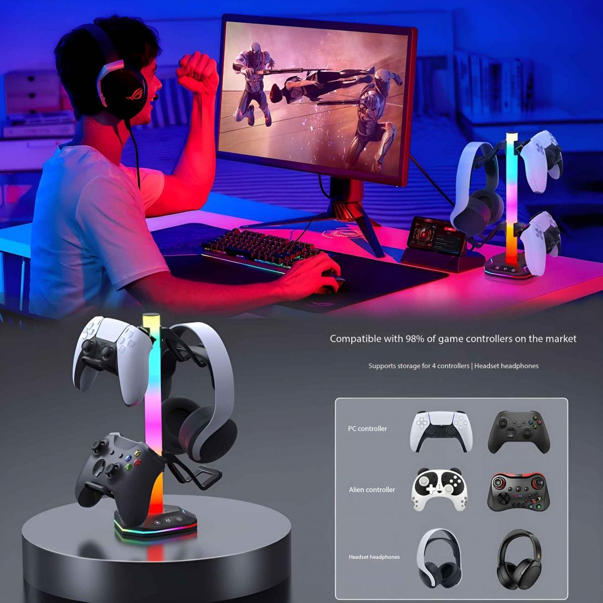 Eine Person mit Kopfhörern spielt ein Spiel am Computer. Ein Controller-Ständer hält Controller und Kopfhörer. Kompatibilitätsdetails werden angezeigt.