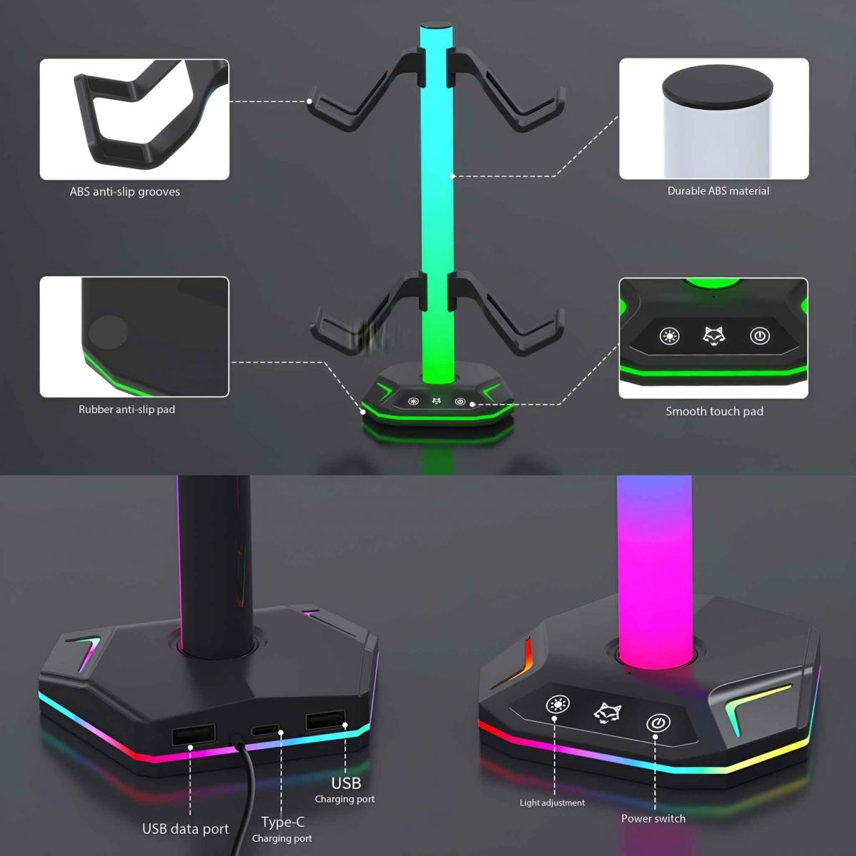 Ein schwarzer Gaming-Headset-Ständer mit farbwechselndem Licht. Er hat USB-Anschlüsse und ein Touchpanel. Details umfassen Anti-Rutsch-Rillen und Pads.