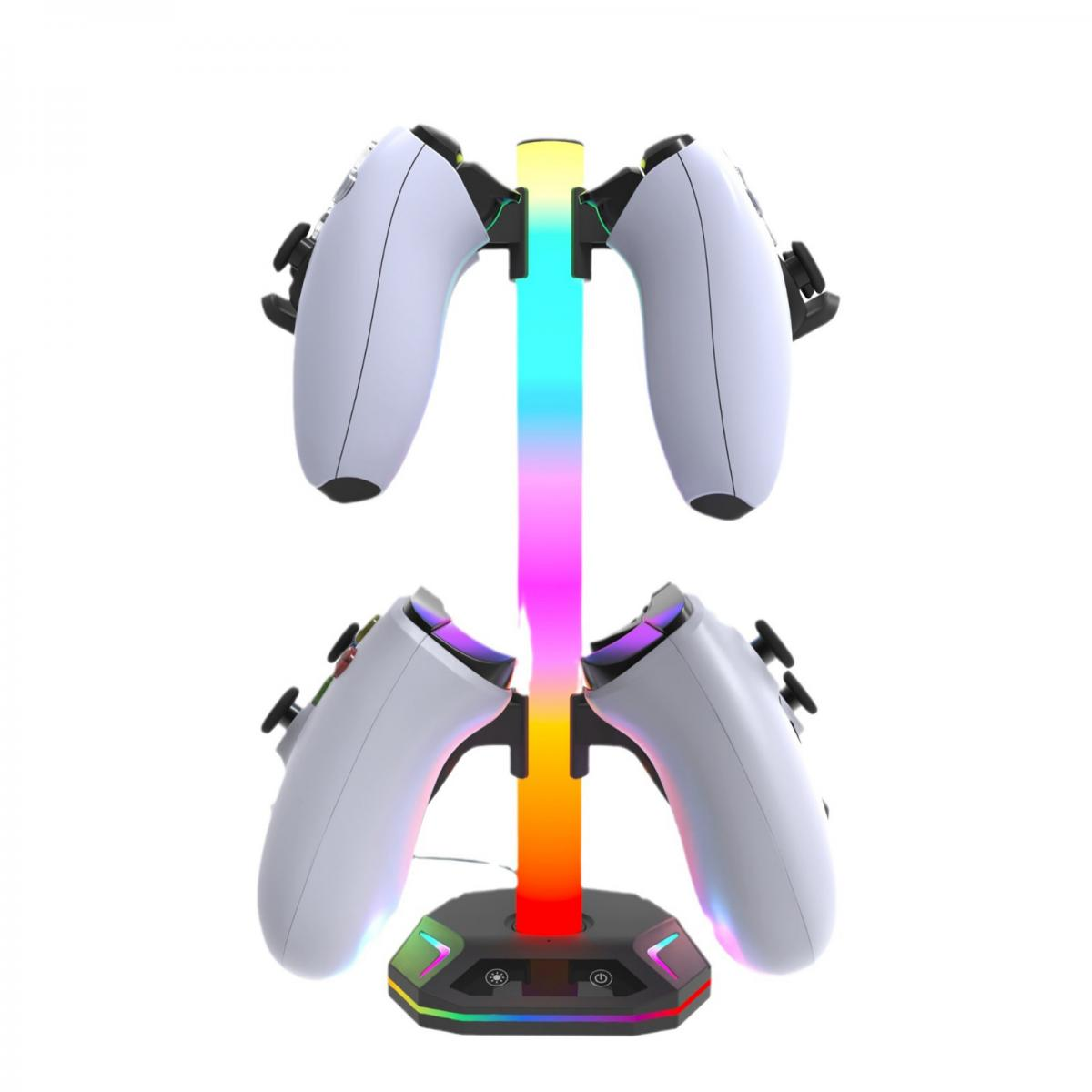 Eine Ladestation für Gamecontroller mit vier Controllern, einem bunten Licht in der Mitte und einem schwarzen Sockel.