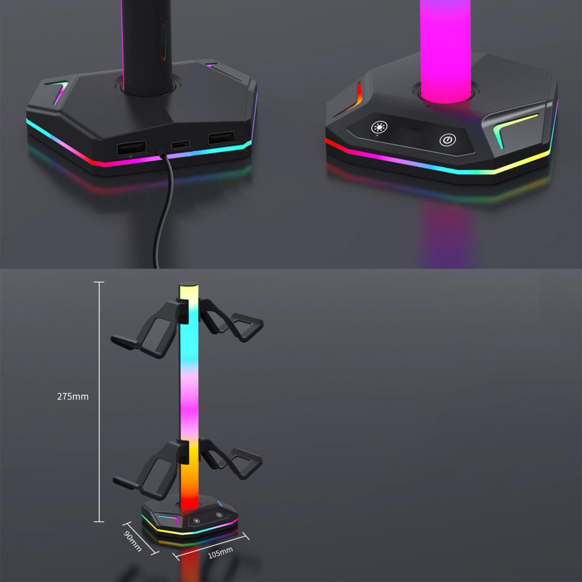 Ein Gaming-Headset-Ständer mit RGB-Beleuchtung. Er hat eine schwarze Basis und einen vertikalen Ständer. Zwei Basen sind abgebildet, eine mit USB-Anschlüssen.