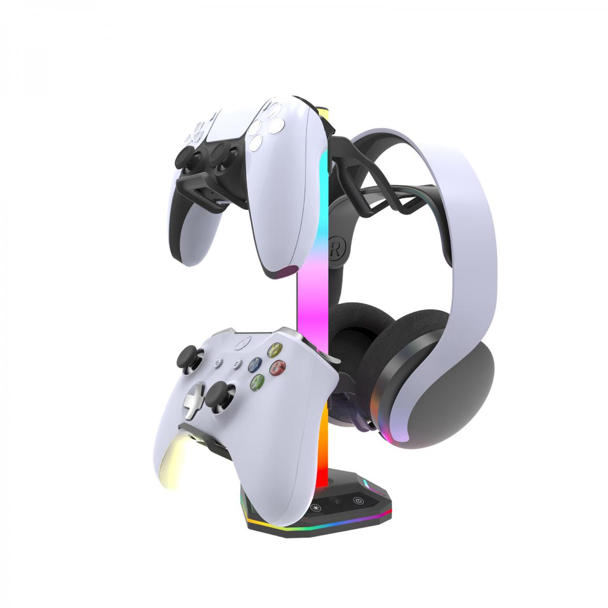 Ein weißer Controller- und Headset-Ständer mit Regenbogenlicht. Zwei Controller und ein Headset sind ausgestellt.