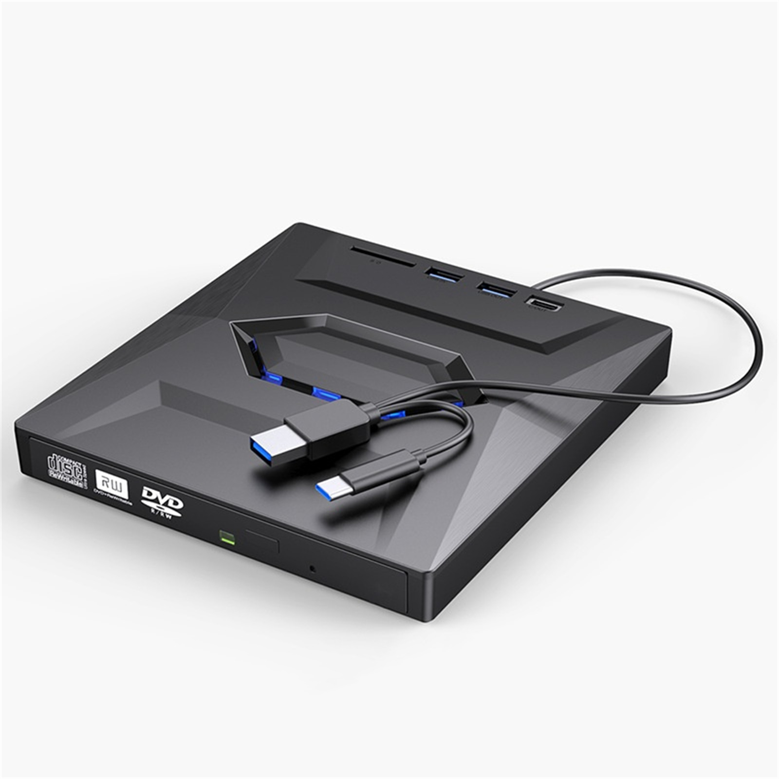 Ein schwarzes externes DVD-Laufwerk mit USB-Anschlüssen und Kabeln, auf weißem Hintergrund. Es hat einen Disc-Slot und verschiedene Anschlüsse.