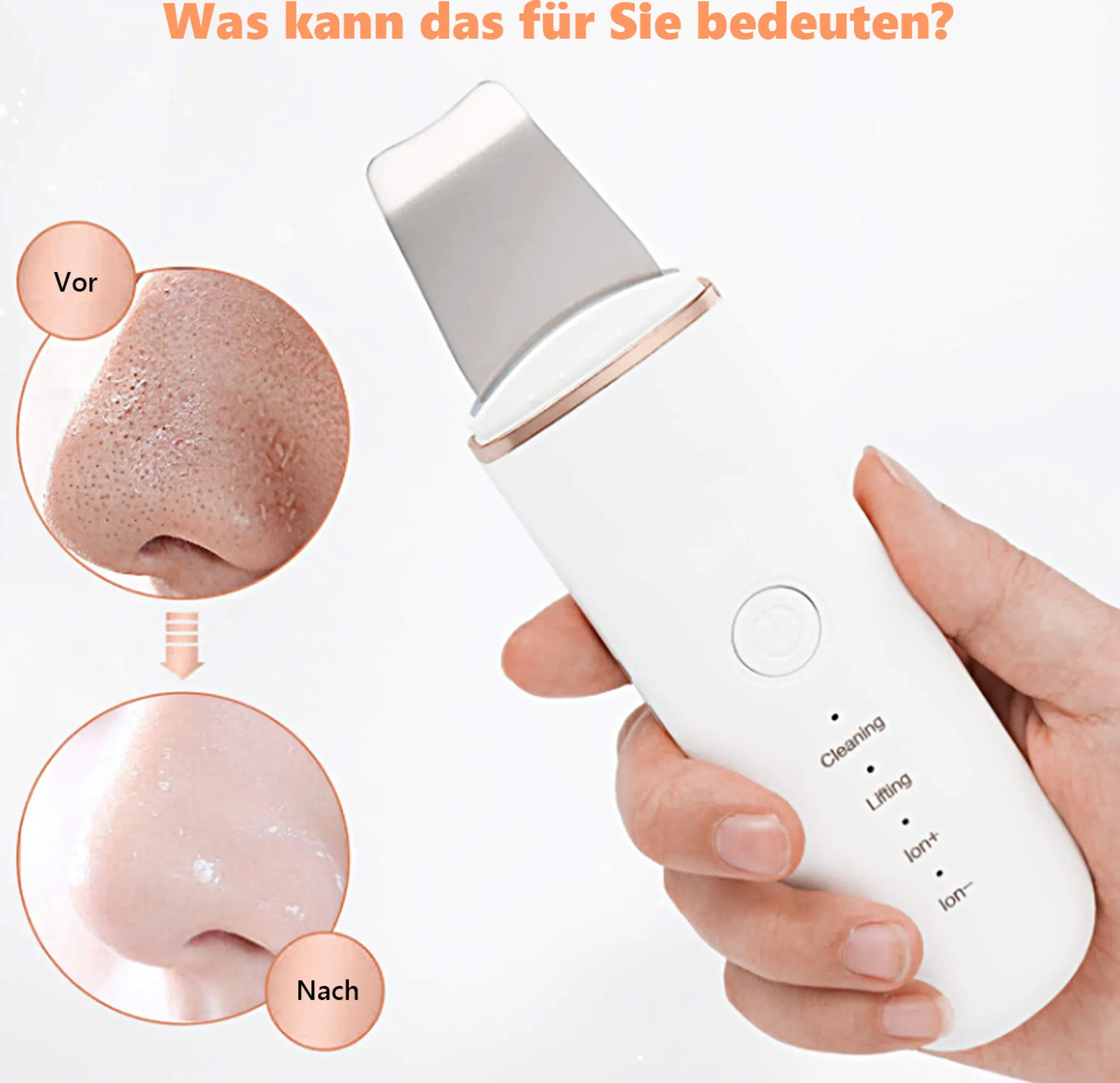 Eine Hand hält ein weißes Gesichtsreinigungsgerät. Das Bild zeigt eine Nase vor und nach der Behandlung, die die Porenreinigung demonstriert.