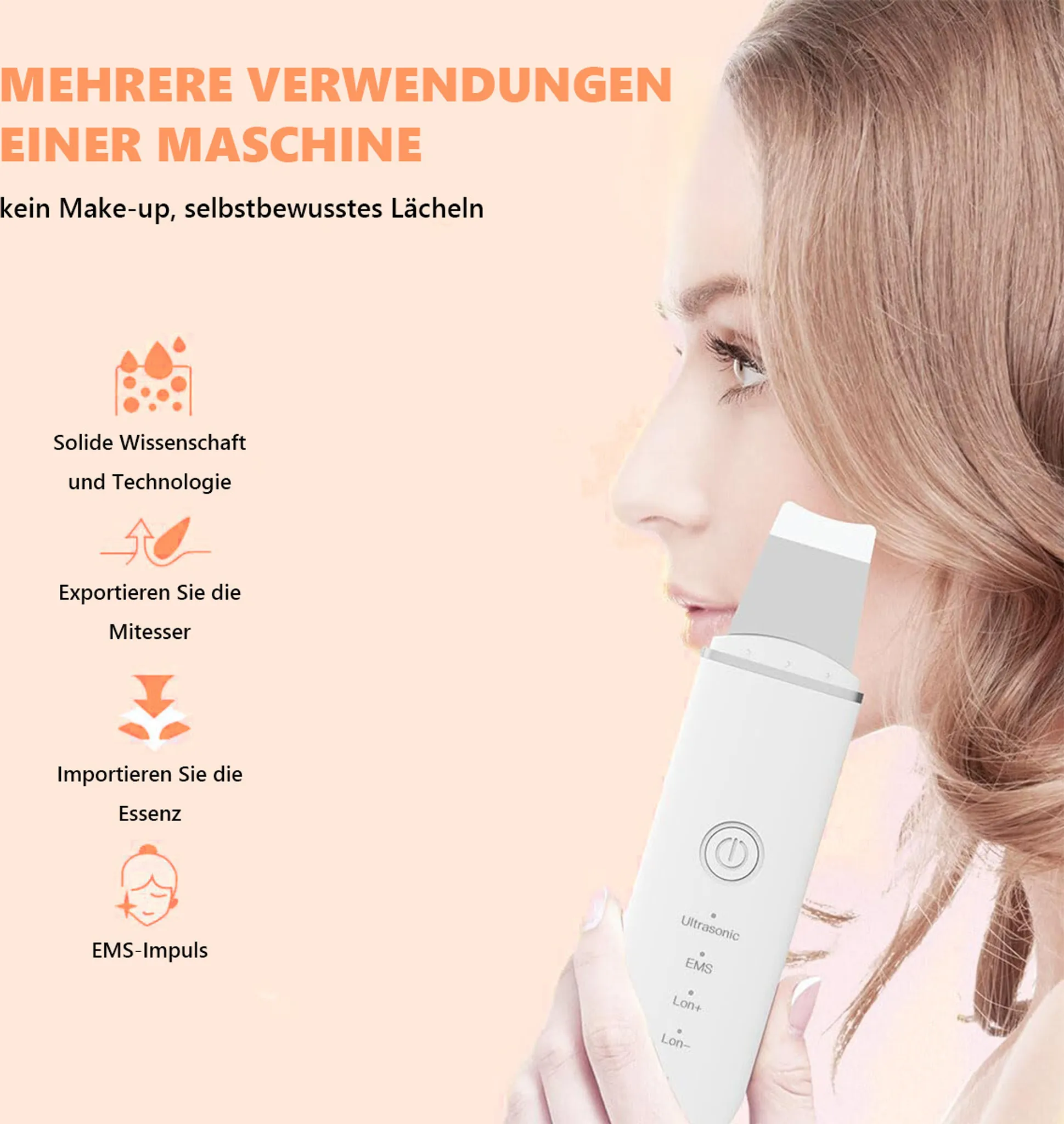 Eine Frau benutzt ein weißes Hautpflegegerät. Deutscher Text bewirbt die vielfältige Anwendung.