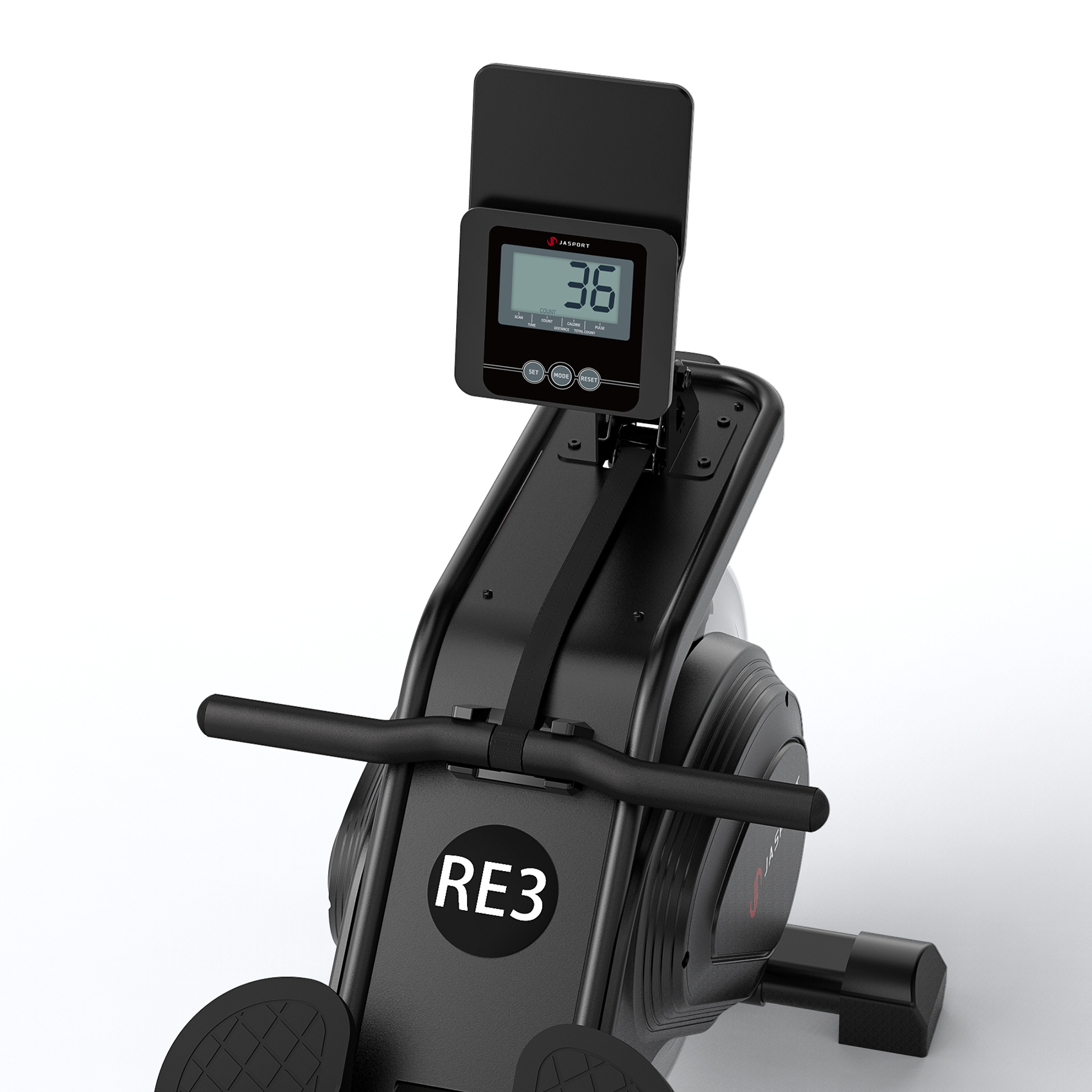 Un vogatore nero con display digitale che mostra 36. La macchina ha una maniglia e poggiapiedi, con il nome del modello RE3.