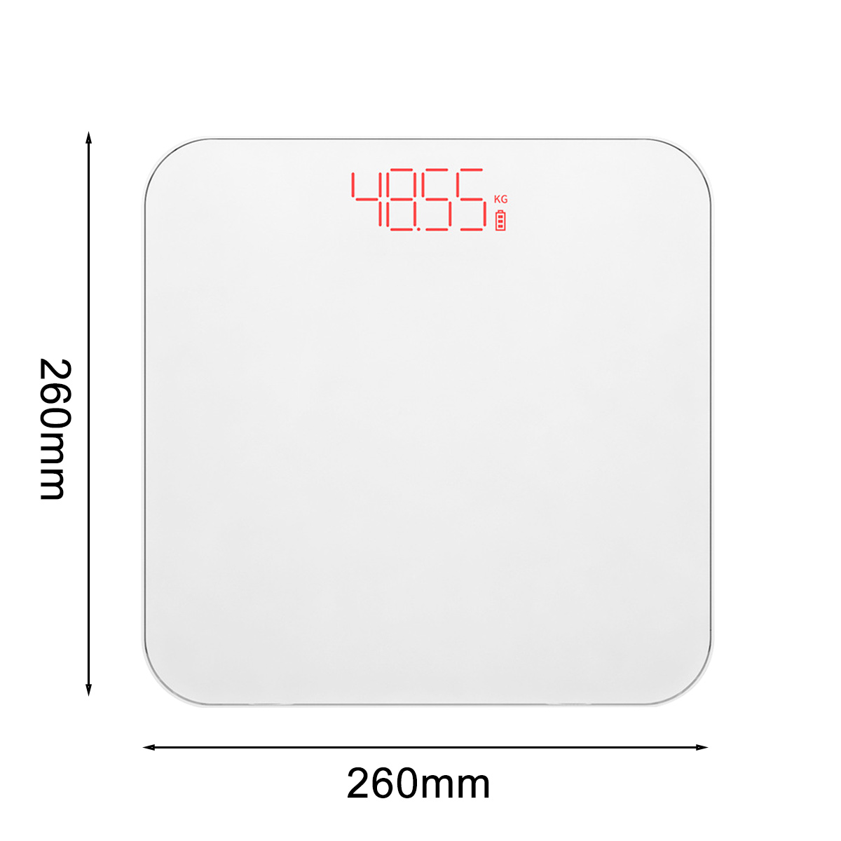 Eine weiße Digitalwaage zeigt 48,55 kg. Die Waage ist quadratisch mit abgerundeten Ecken und mit 260 mm beschriftet.