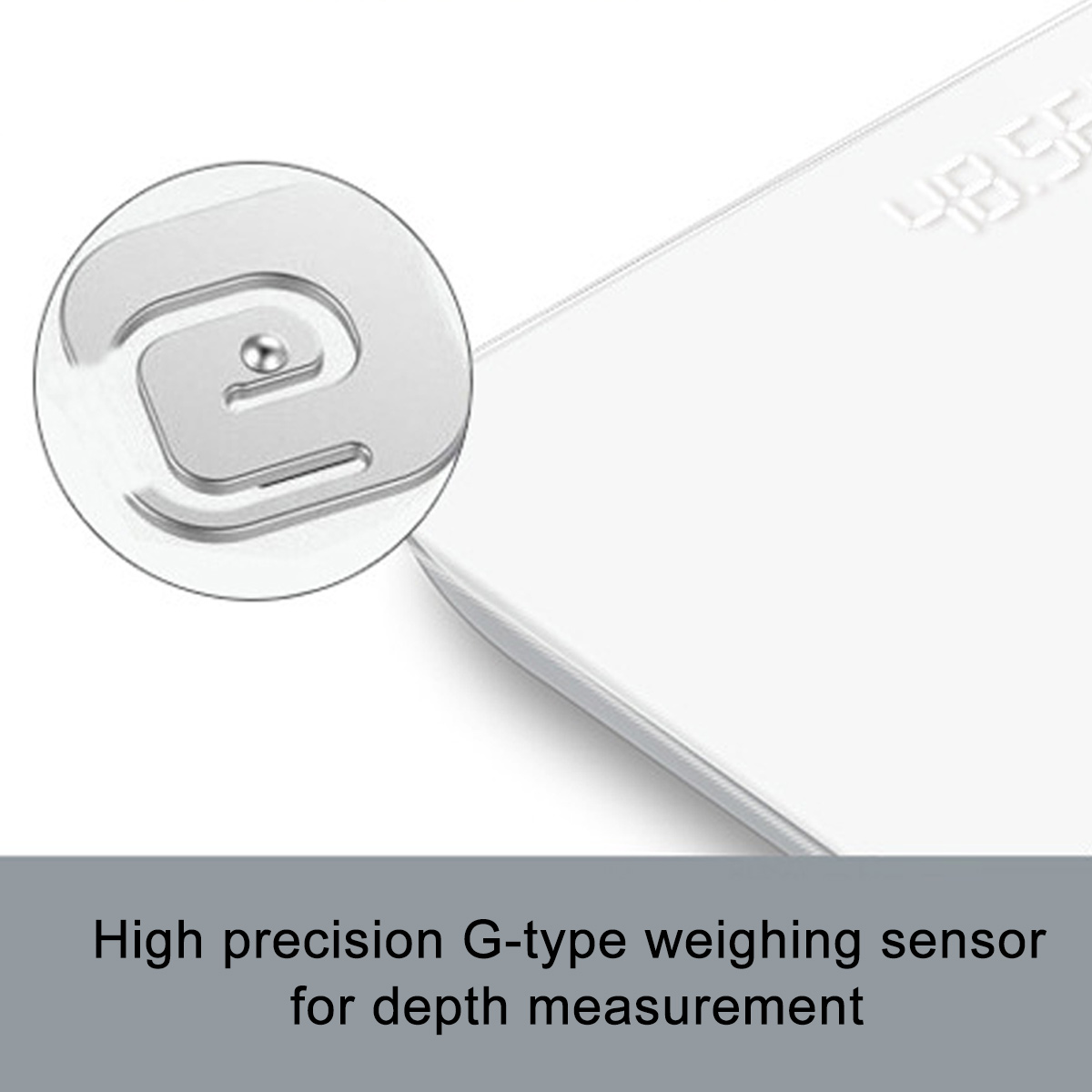 Nahaufnahme eines Waagendetails. Ein kreisförmiger Einsatz zeigt einen G-Typ-Sensor. Weiße Oberfläche und Text: Hochpräziser G-Typ-Sensor.