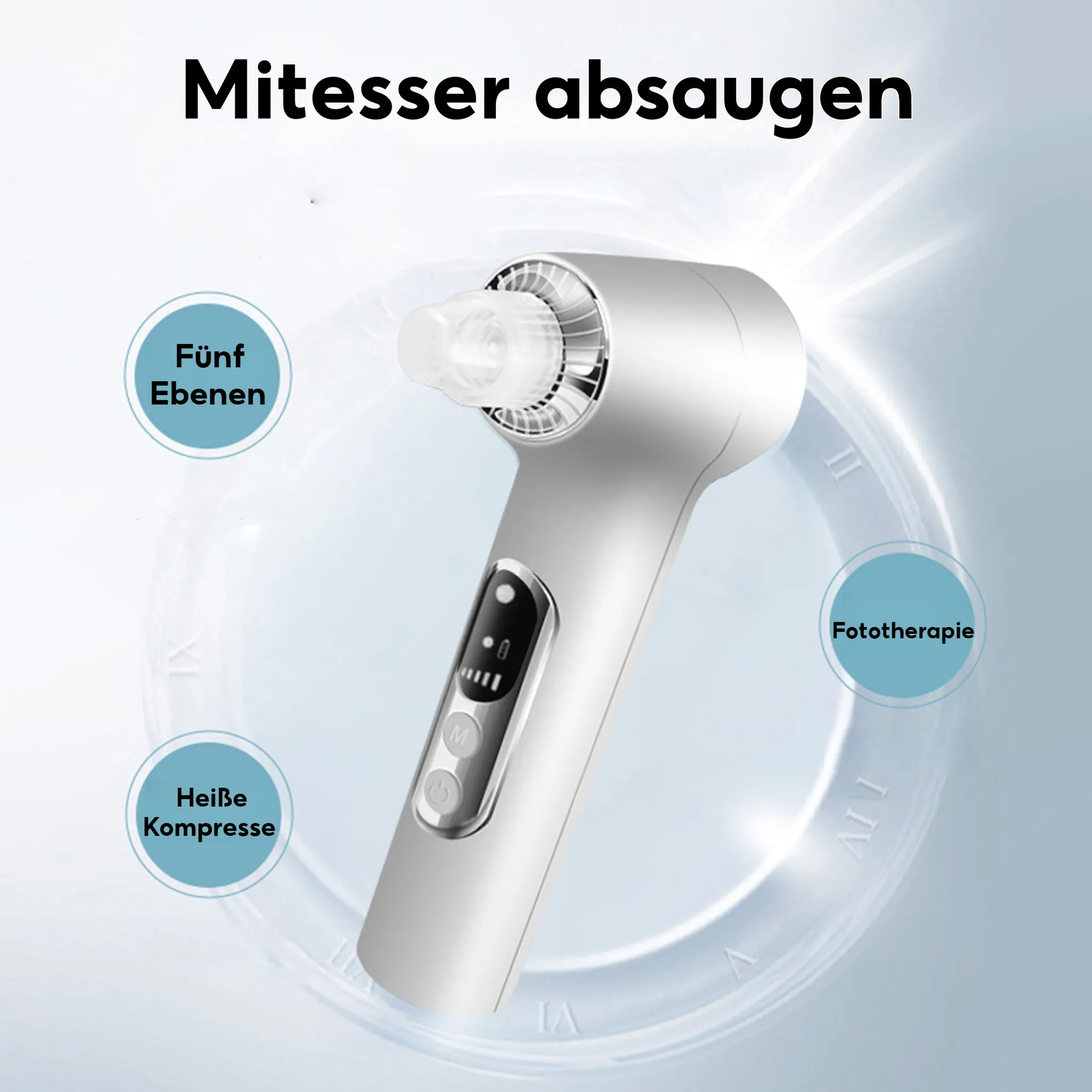Ein weißer Gesichtsreiniger mit Etiketten: Fünf Ebenen, Heiße Kompresse, Phototherapie. Text: Mitesse absaugen.