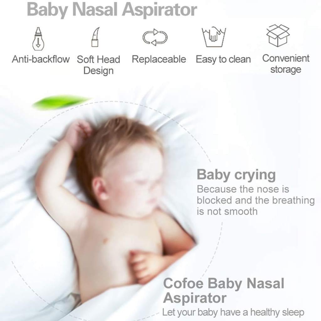 Ein schlafendes Baby auf einem weißen Bett. Der Text lautet Baby Nasal Aspirator. Symbole deuten auf Merkmale wie Rückflussschutz und einfache Reinigung hin.