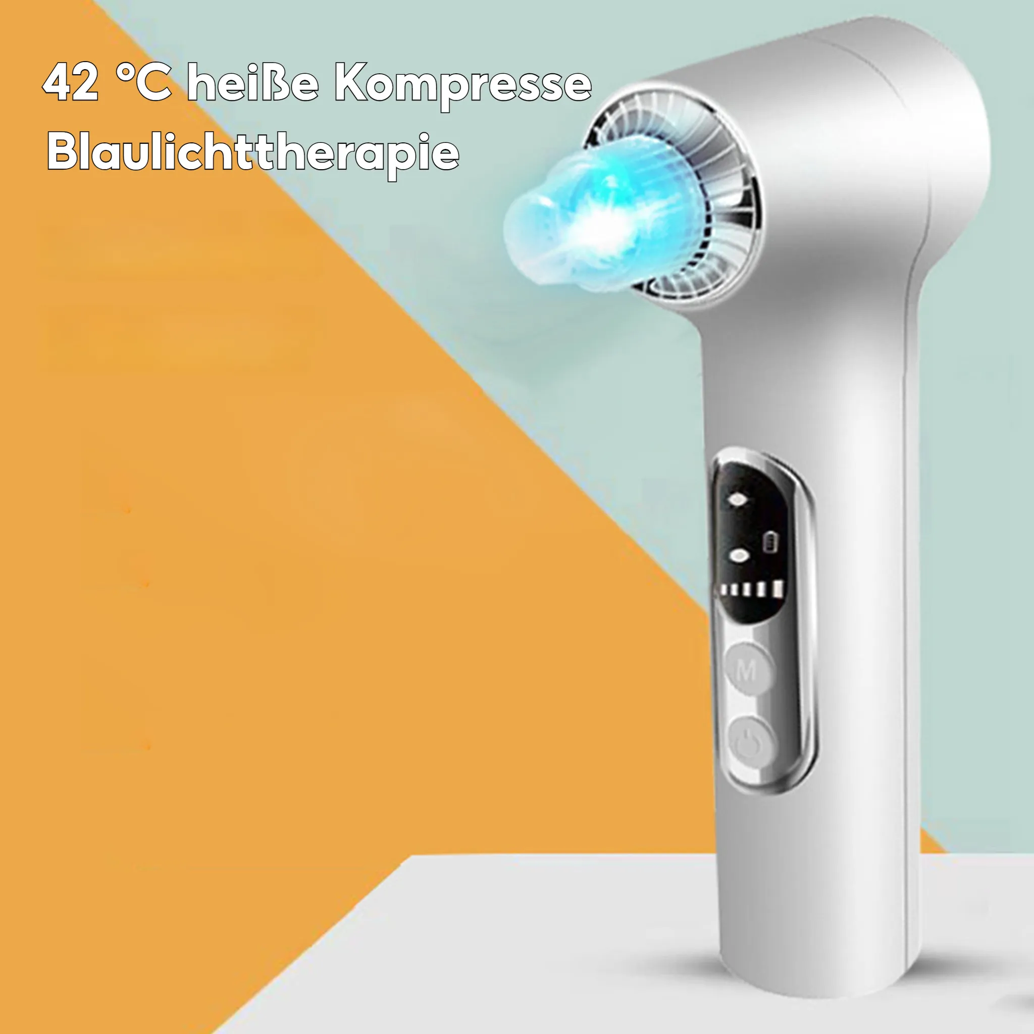 Ein weißes Gesichtsgerät mit blauem Licht und einem Bedienfeld. Oben steht: 42°C heiße Kompresse Blaulichttherapie.