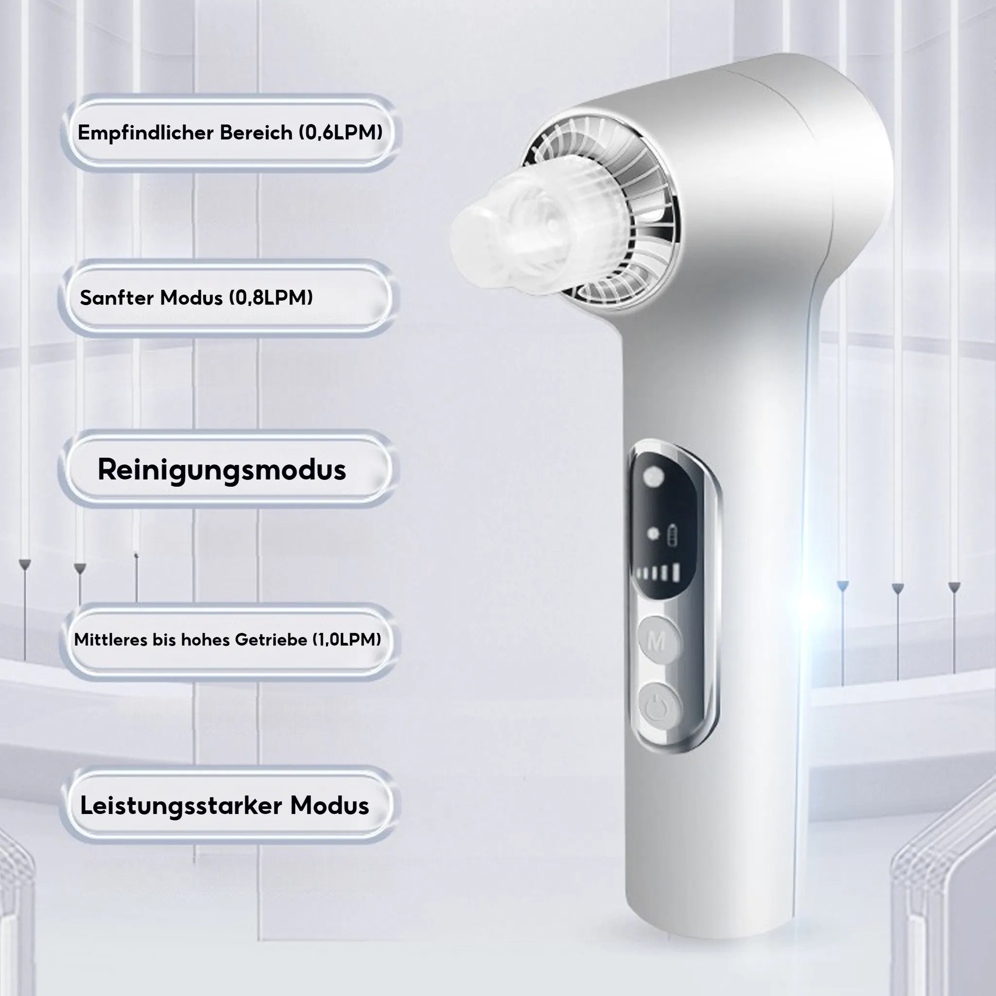 Ein weißer Gesichtsreiniger mit mehreren Modusoptionen, die auf Deutsch beschriftet sind. Das Gerät hat eine klare Düse und ein Display.