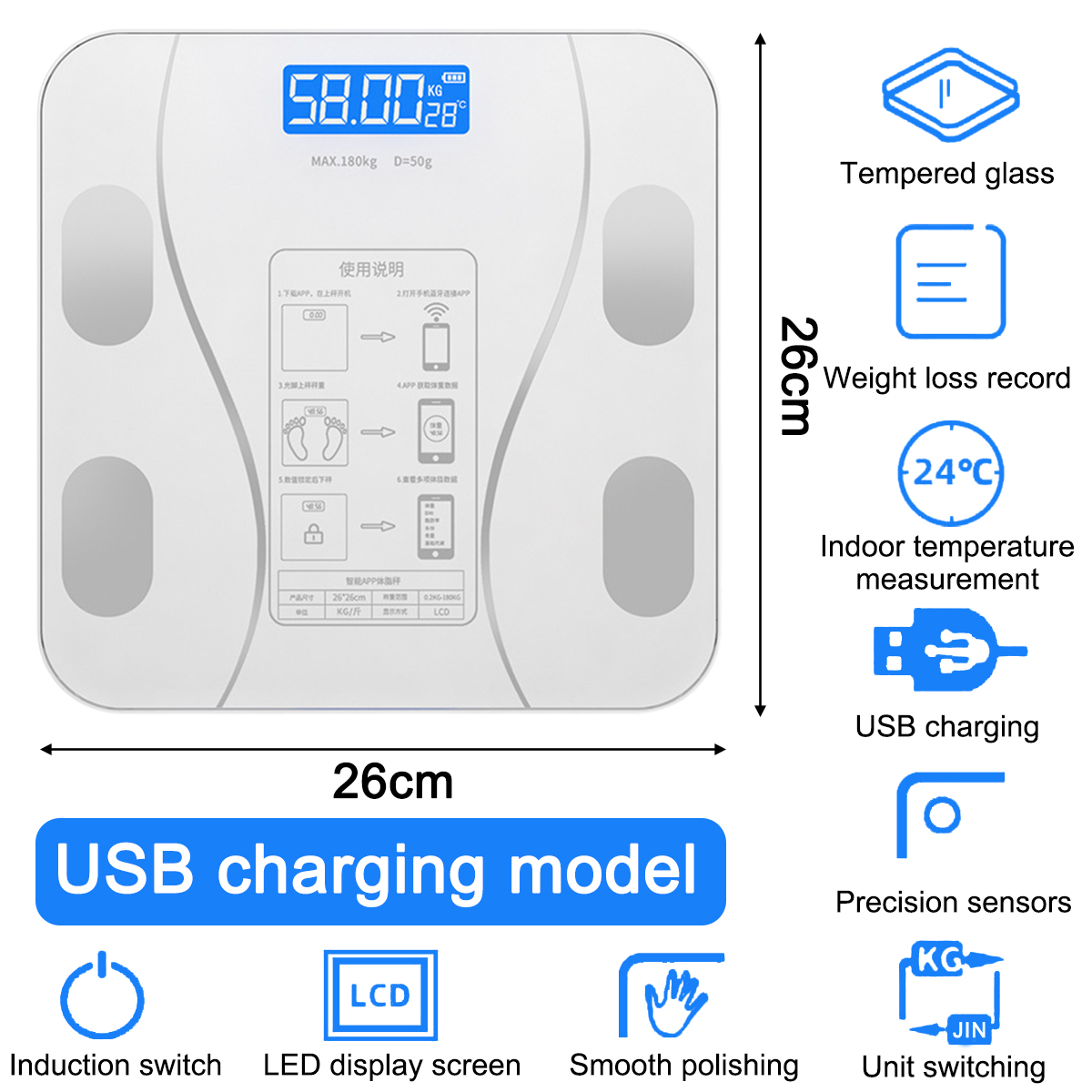 Eine weiße Waage mit Digitalanzeige. Funktionen sind USB-Aufladung, LCD und Einheitenumschaltung. Zeigt Gewicht und Temperatur.