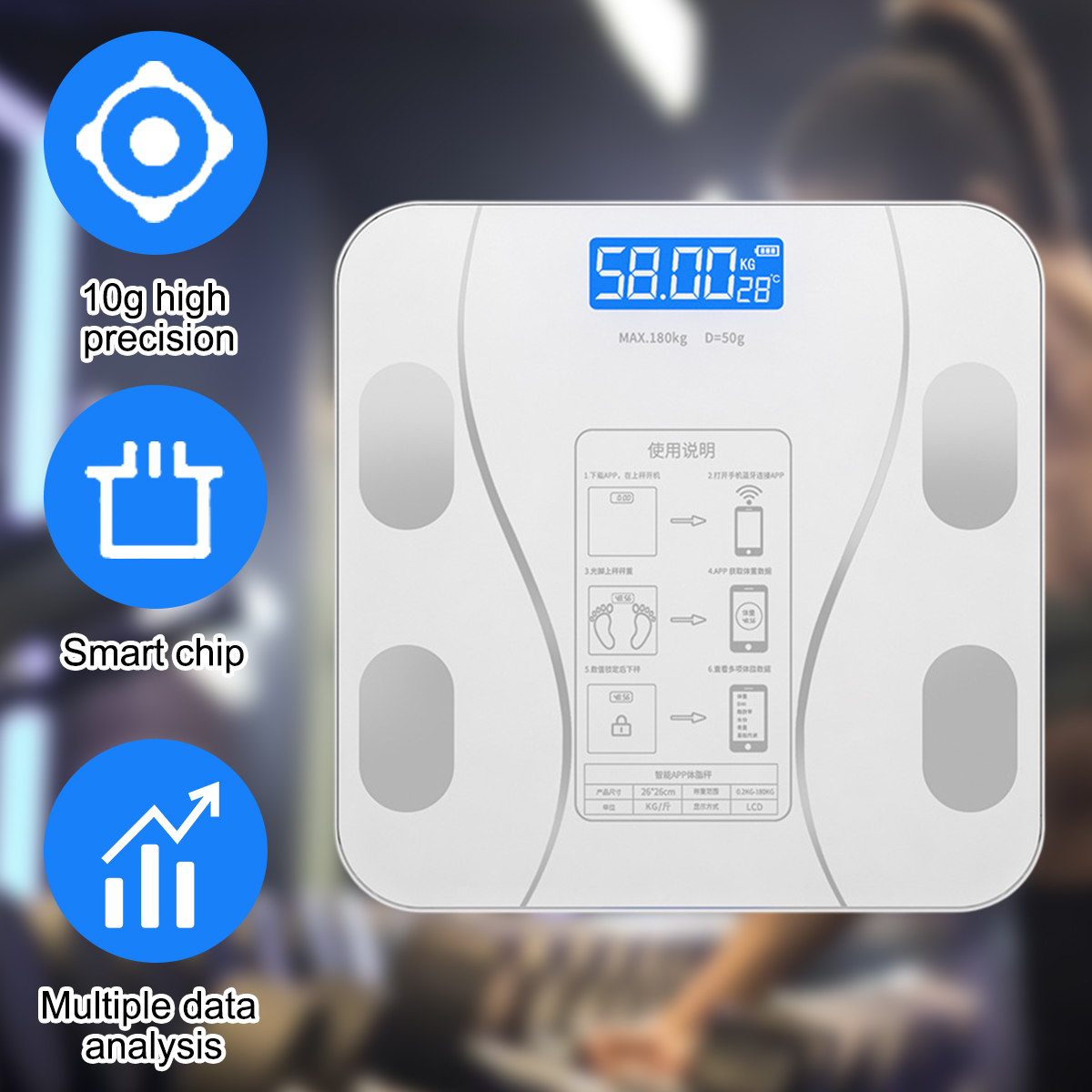 Eine Digitalwaage zeigt 58,00 kg an. Symbole weisen auf hohe Präzision, Smart Chip und Datenanalyse hin. Anweisungen sind auf der Waage zu sehen.