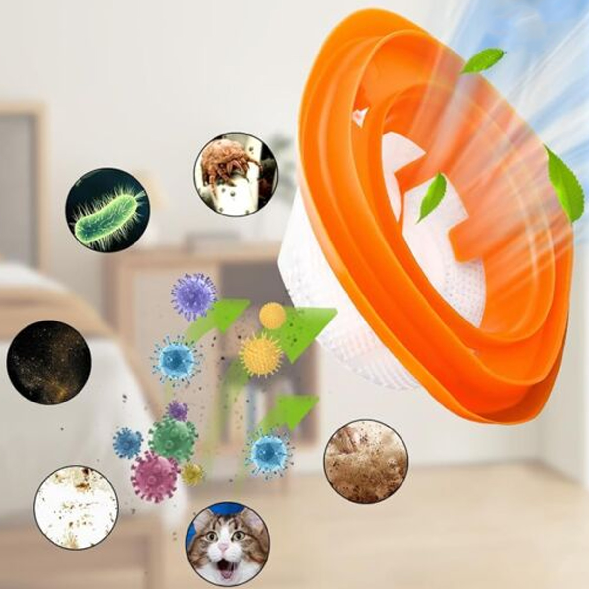 Ein oranger Staubsaugerfilter mit grünen Blättern und Illustrationen von Keimen und einer Katze. Der Filter ist vor einem verschwommenen Raum.