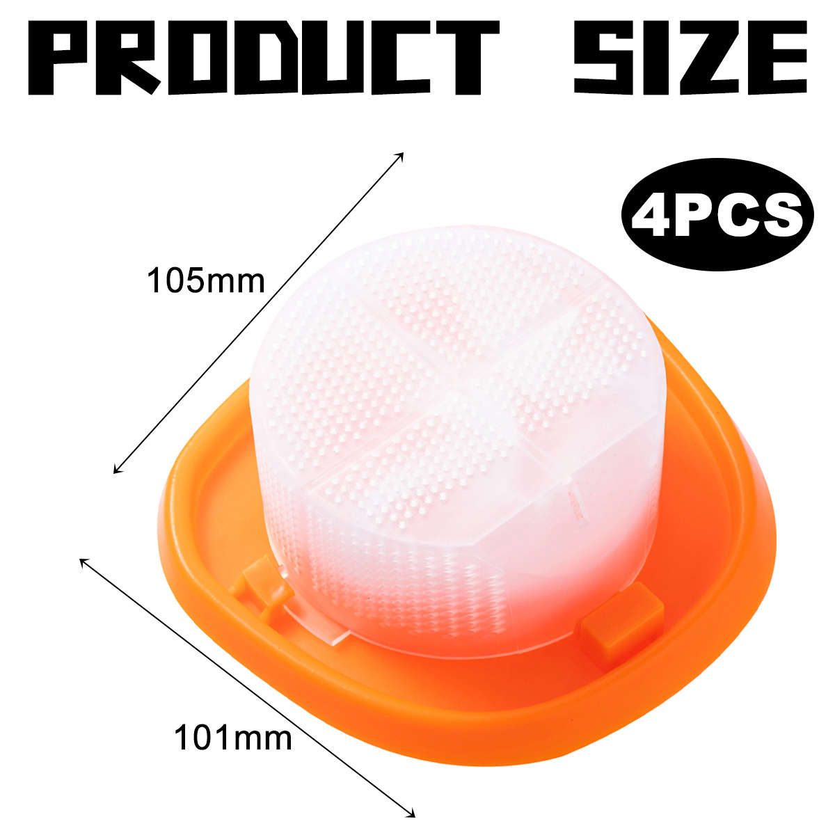 Ein orangefarbenes Tablett hält ein weißes, strukturiertes Objekt. Der Text 'PRODUCT SIZE' und '4PCS' stehen oben. Abmessungen sind 105 mm und 101 mm.