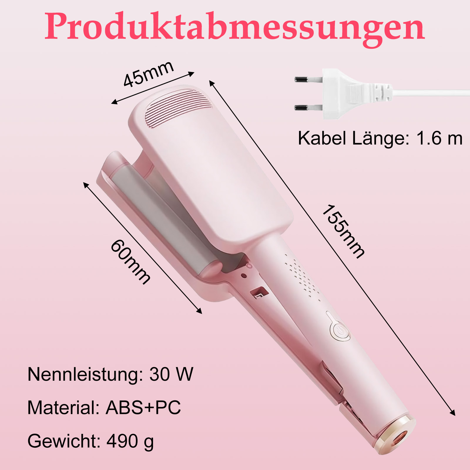 Rosa Haarglätter mit Maßen, Stecker und Produktspezifikationen auf rosa Hintergrund.
